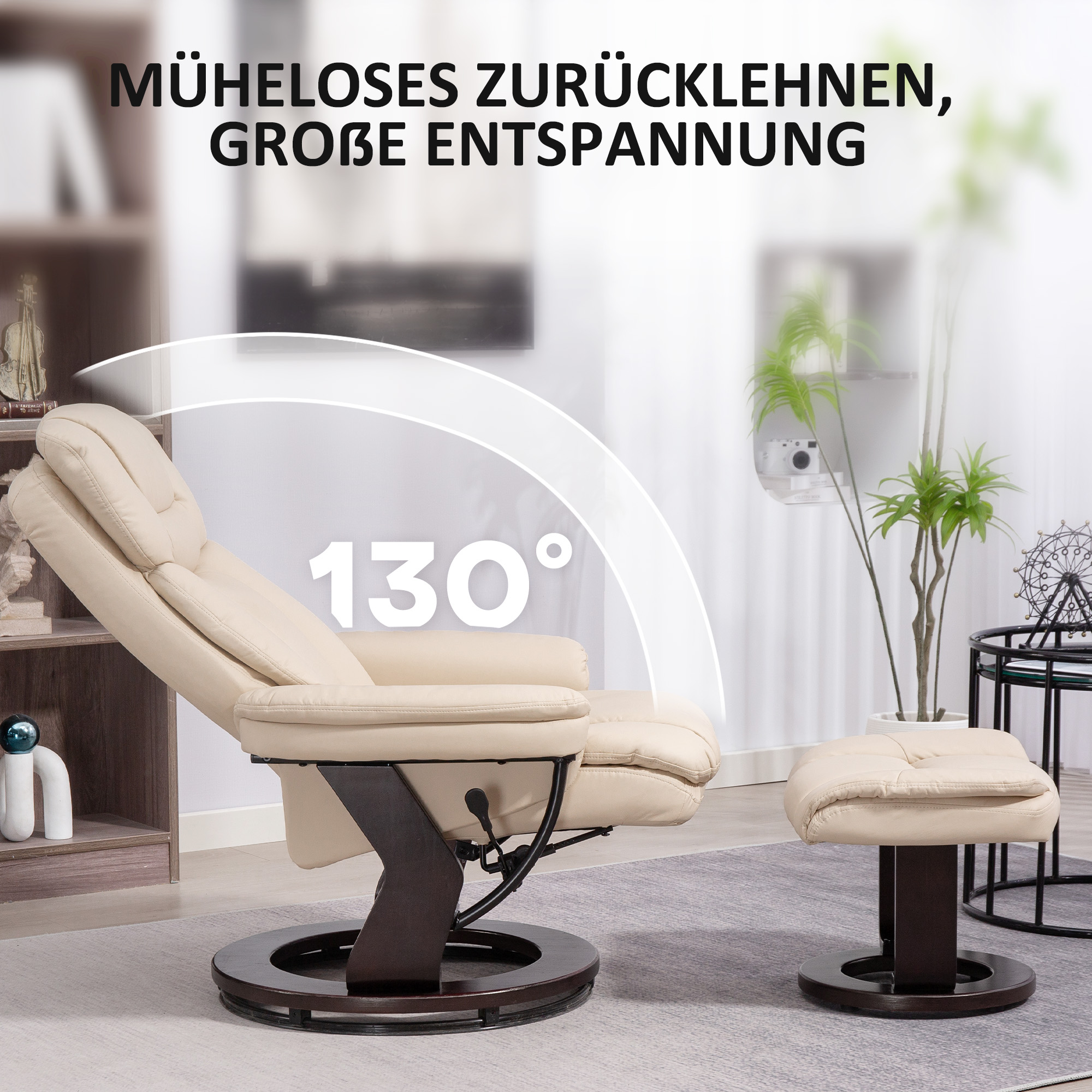 Relaxsessel mit Fußhocker, Verstellbarer Sessel, Kunstleder-Bezug, Polstersessel mit klappbarer Rückenlehne, Cremeweiß
