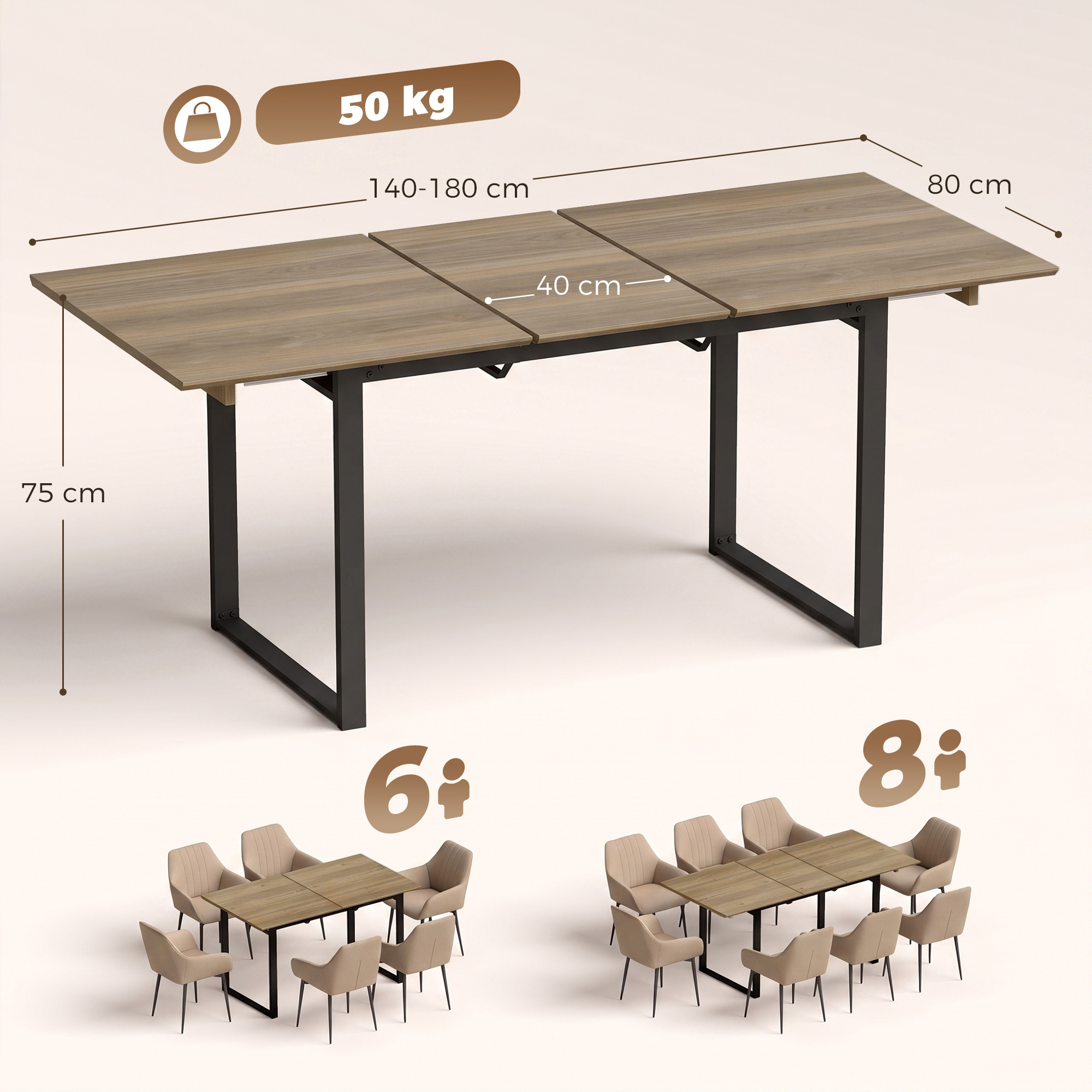 ausziehbarer Esstisch 140-180 cm für 6-8 Personen, rechteckig im Industrial-Design mit Stahlgestell, Braun