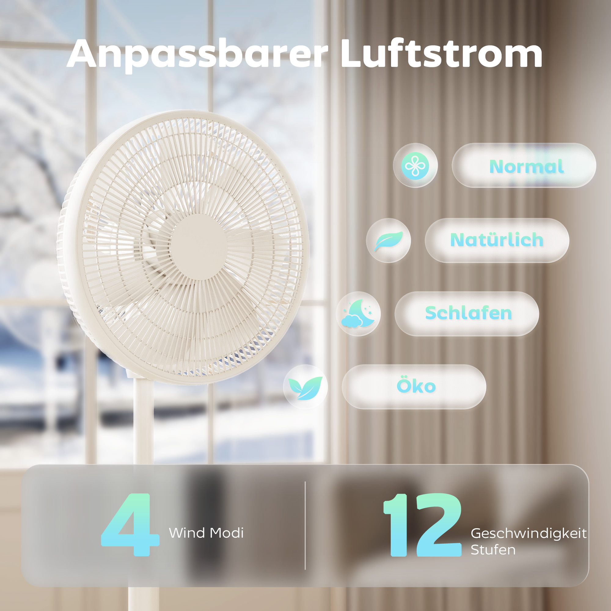 Standventilator mit Fernbedienung und 12 Geschwindigkeiten, Bodenventilator mit verstellbarer Höhe für das Schlafzimmer, Weiß