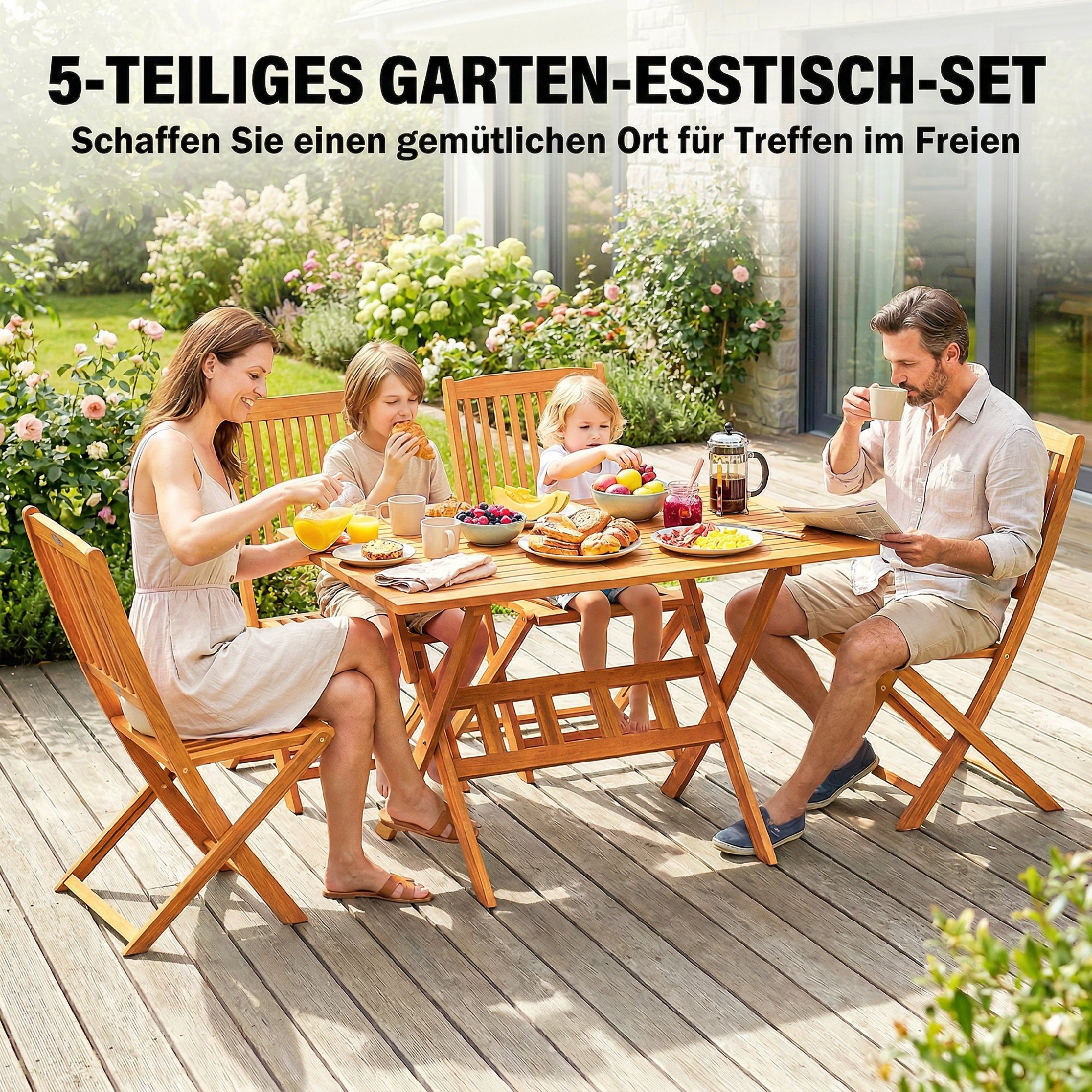 Gartenmöbel Set FSC Holz Sitzgruppe 5-teilig Klappbar Tisch mit 4 Klappstühlen Lamellendesign