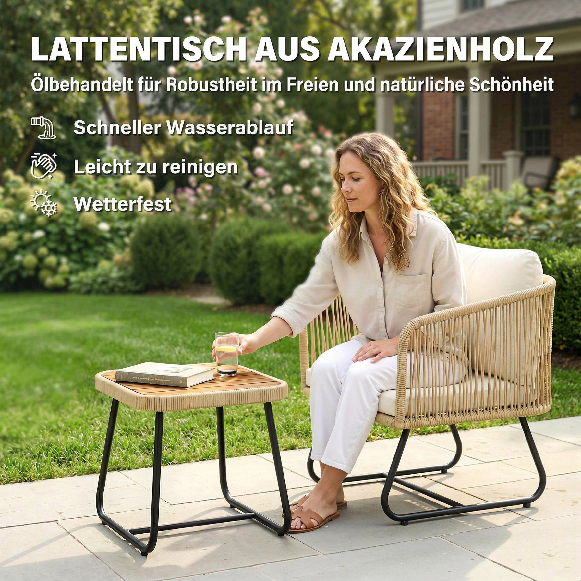 Rattan Bistroset 3 teiliges FSC Gartenmöbel-Set mit 2 Sessel, Lamell-Holztisch, dicke waschbare Kissen Stahlrahmen