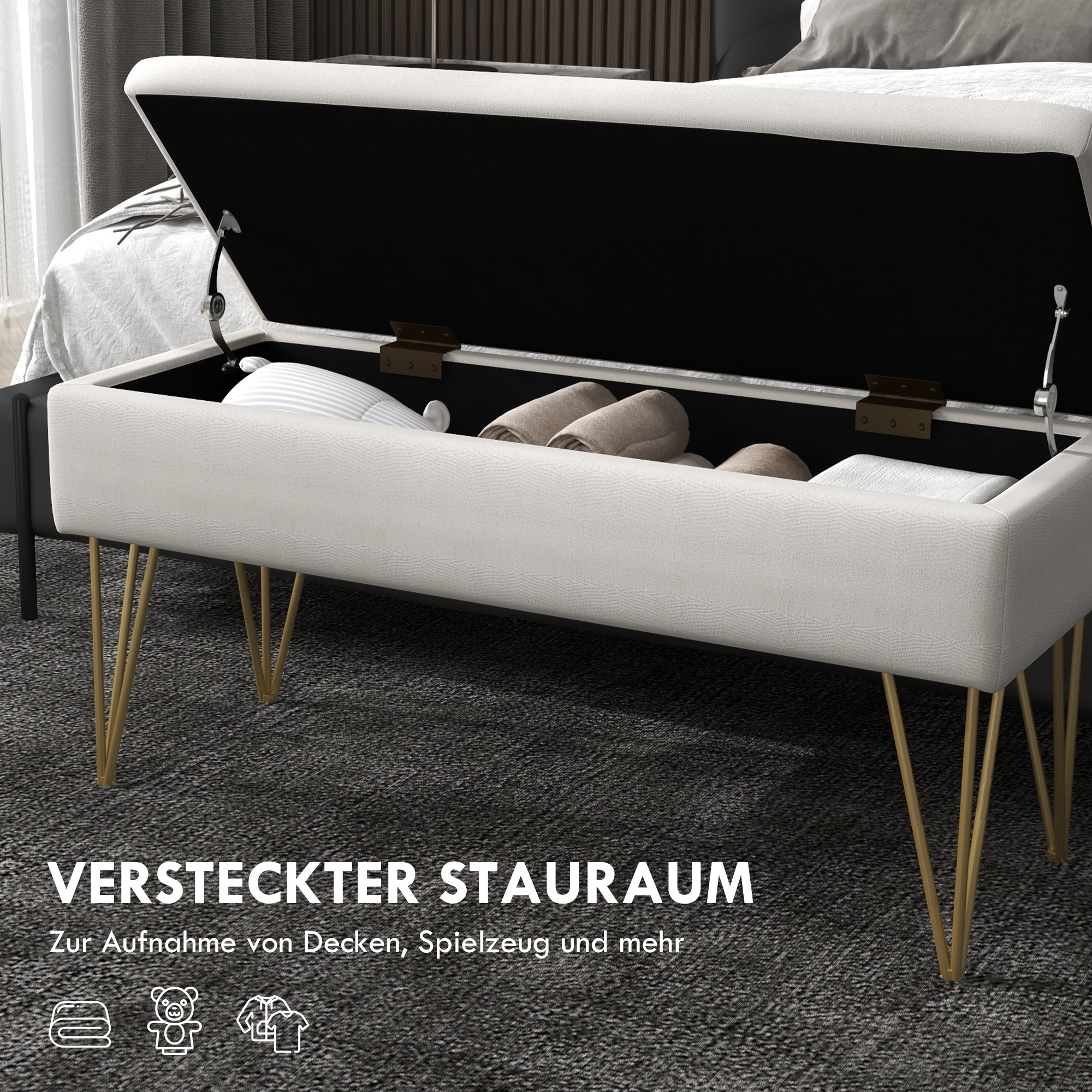 Bettbank mit Stauraum, dicke Polsterung, atmungsaktiver Stoff, Stahlfüße, 100x40x49 cm, Creme
