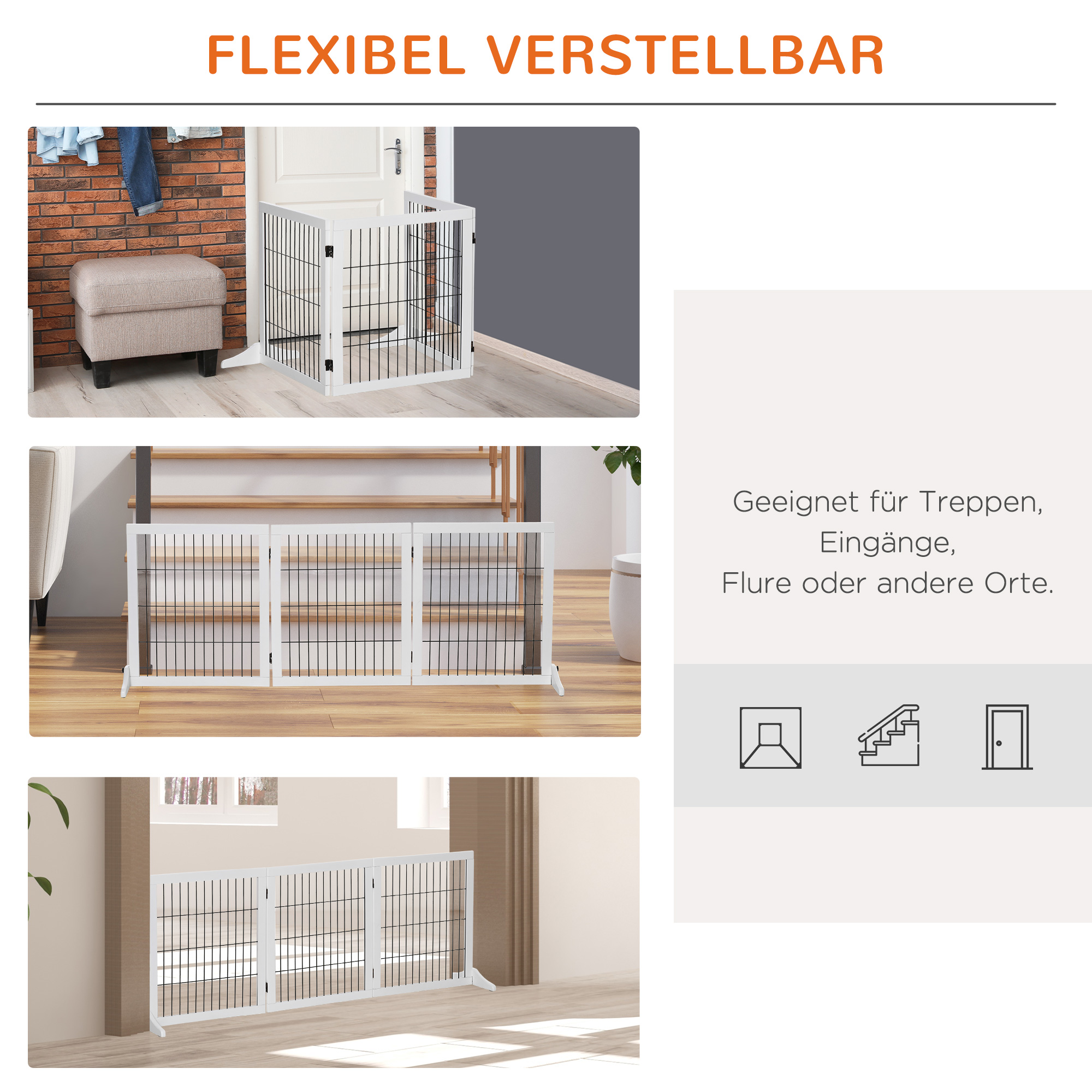 Absperrgitter für Hunde Schutzgitter Hundegitter mit Stützfüßen Treppengitter Hundeabsperrgitter Türschutzgitter für Kamin & Ofen, Kiefernholz Weiß 185 x 36 x 71 cm