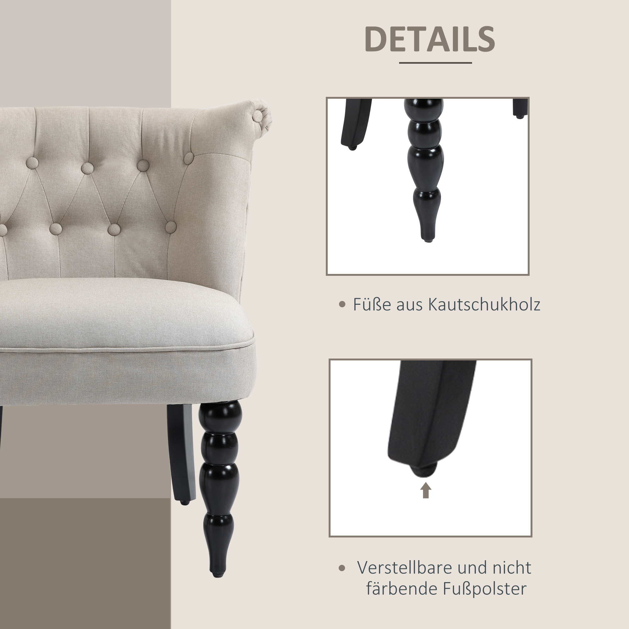 Relaxsessel Vintage Ruhesessel Relaxstuhl Polstersessel Esszimmerstuhl Leinenbezug Holzgestell Beige+Schwarz 67 x 67 x 78 cm