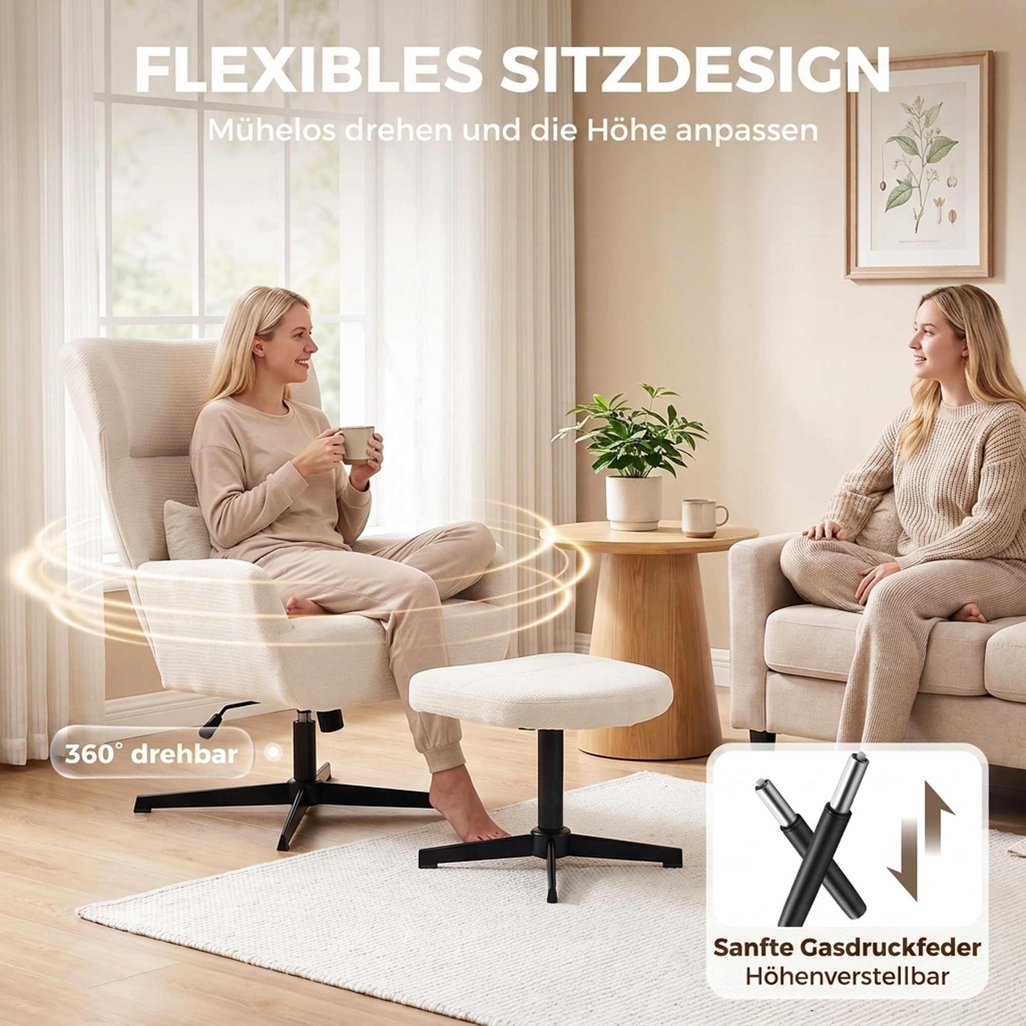 360° drehbarer Loungesessel mit Hocker, höhenverstellbar, Chenille-Bezug, mit Lendenkissen, Cremeweiß