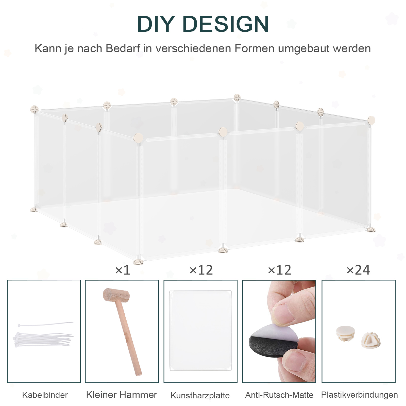 Freilaufgehege Laufgitter DIY Freigehege Gittergehege Absperrgitter Kleine Haustiere Laufstall für Innen 12 Platten Weiß Metall PP-Harz 105 x 105 x 45 cm