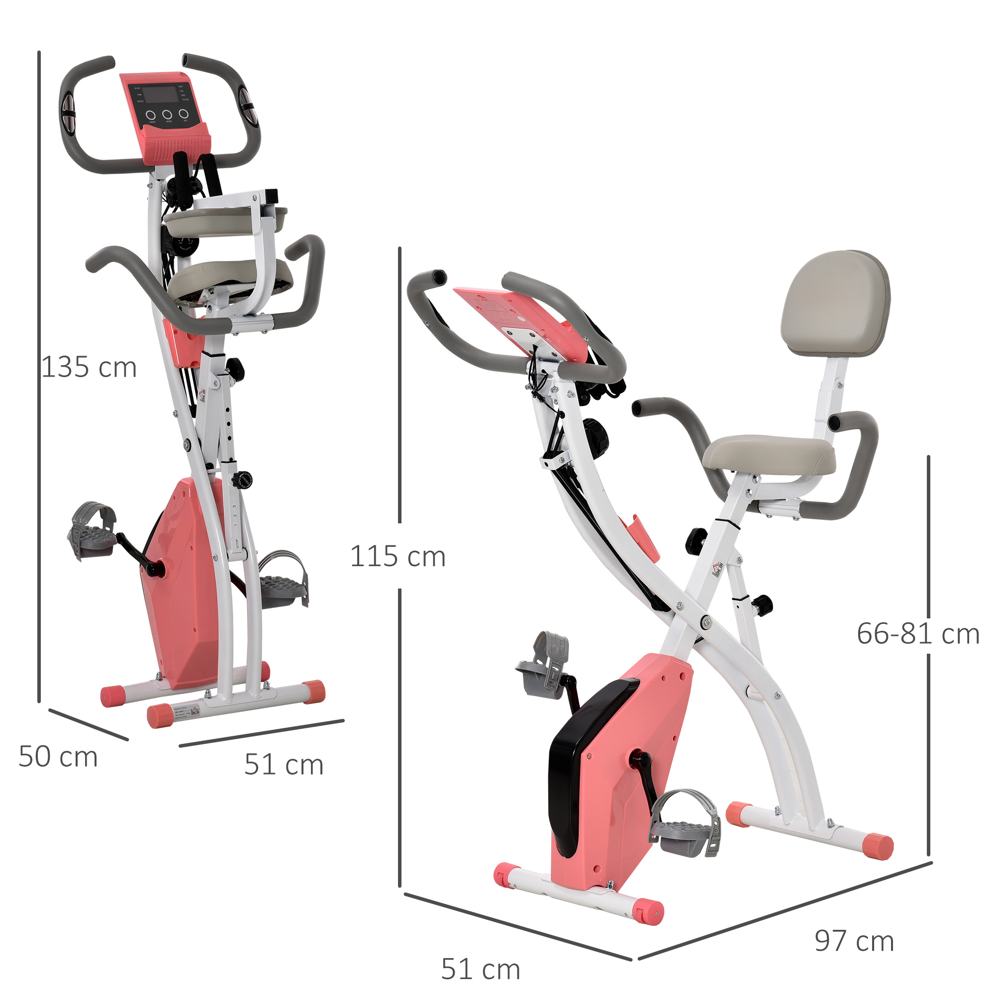 Heimtrainer X-Bike 2-in-1 Fahrradtrainer mit LCD-Display,Pulsmesser, klappbarer Hometrainer Trimmrad mit 8 stufig Magnetwiderstand, 1 Paar Spannseil, Stahl Rosa 105x48x118 cm