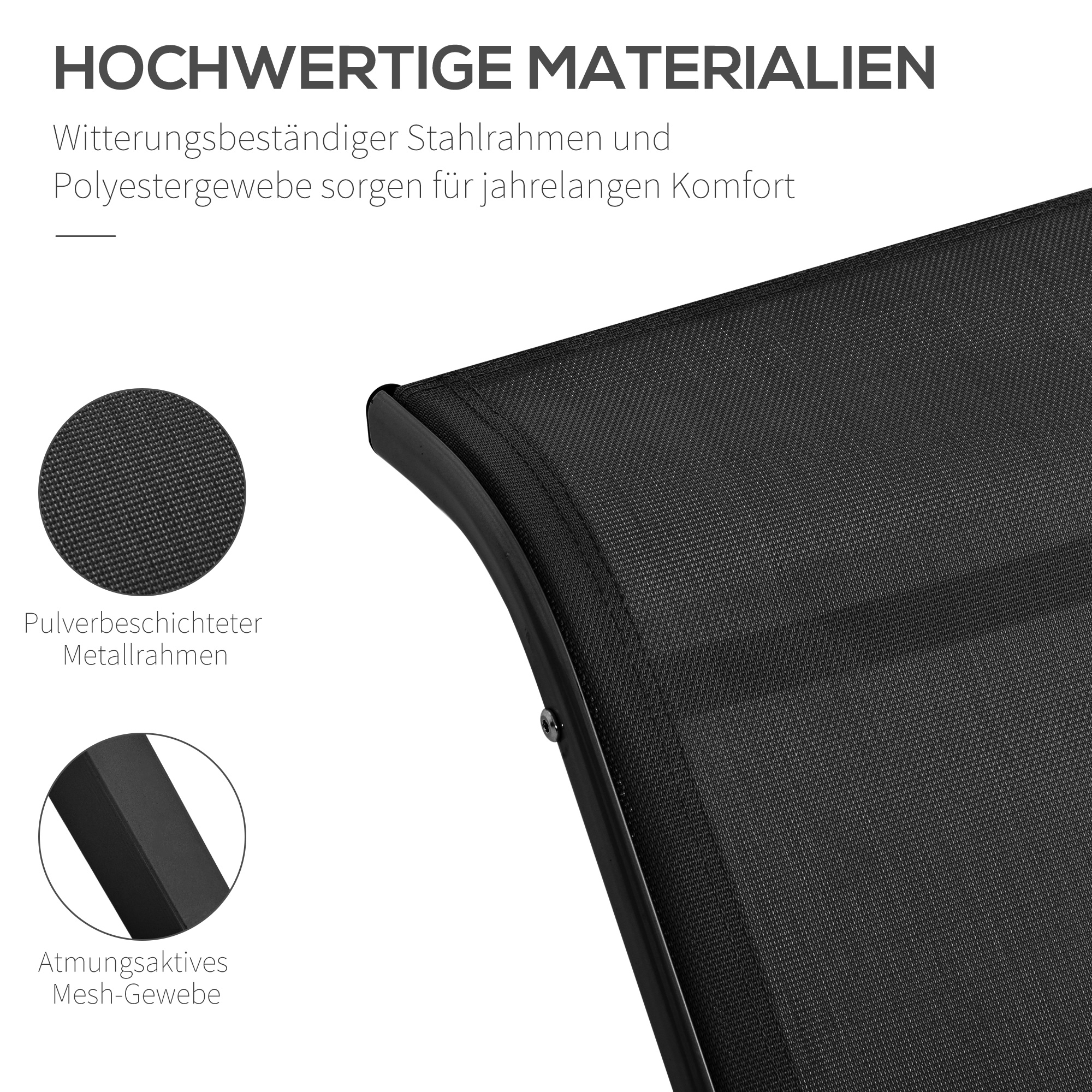 Gartenlounge-Set, 2 Liegen mit Beistelltisch, atmungsaktiver Stoff, stabiler Metallrahmen, Schwarz