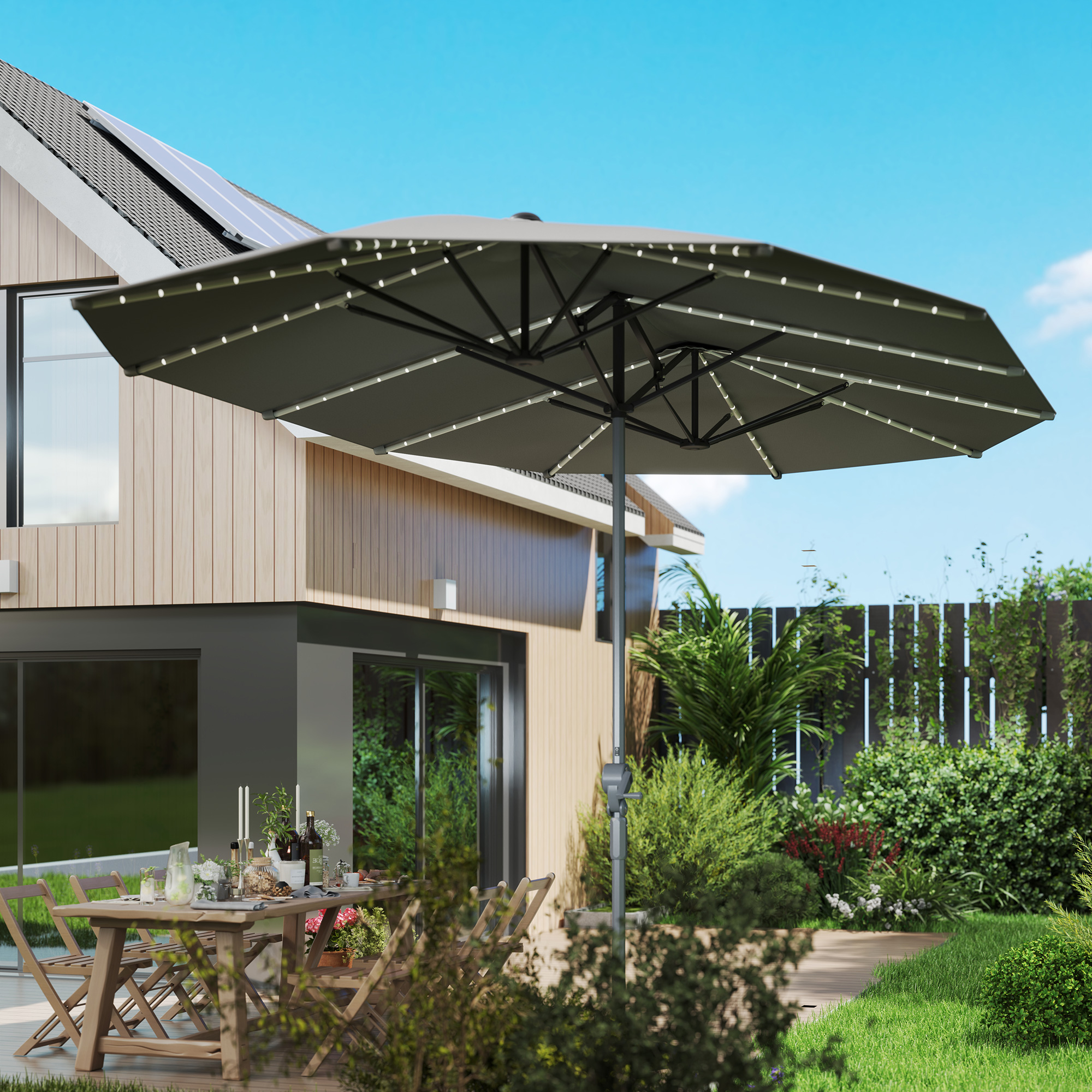 Doppelschirm mit Solar-Lichtern, Aluminium, Polyester, UPF50+ Schutz, UV-beständig, Terrassenschirm, Dunkelgrau