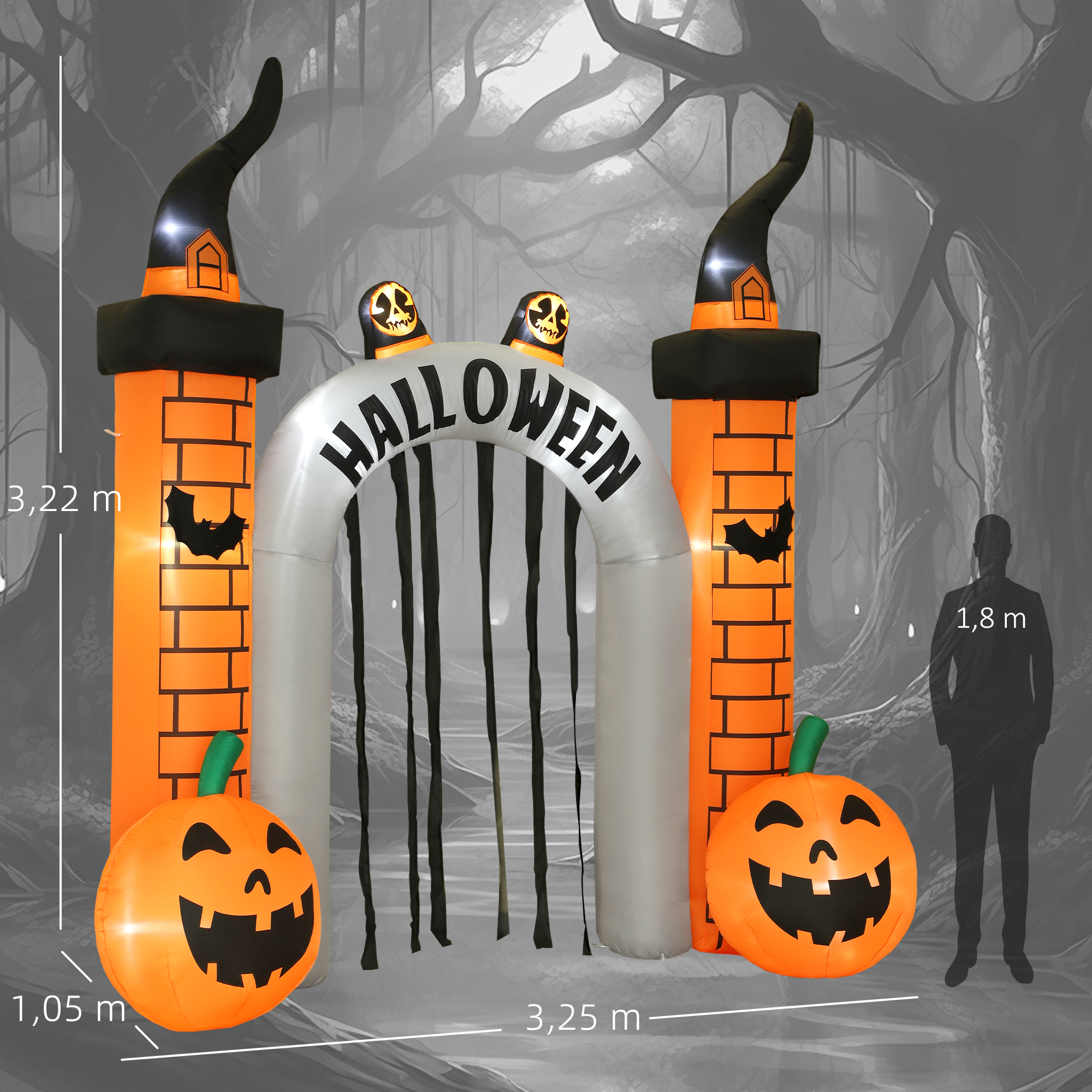 Aufblasbarer Halloween-Torbogen, Kürbis-Design, LEDs, Heringe, Polyester Aufblasbarer Halloween-Torbogen, Kürbis-Design, LEDs, Heringe, Polyester