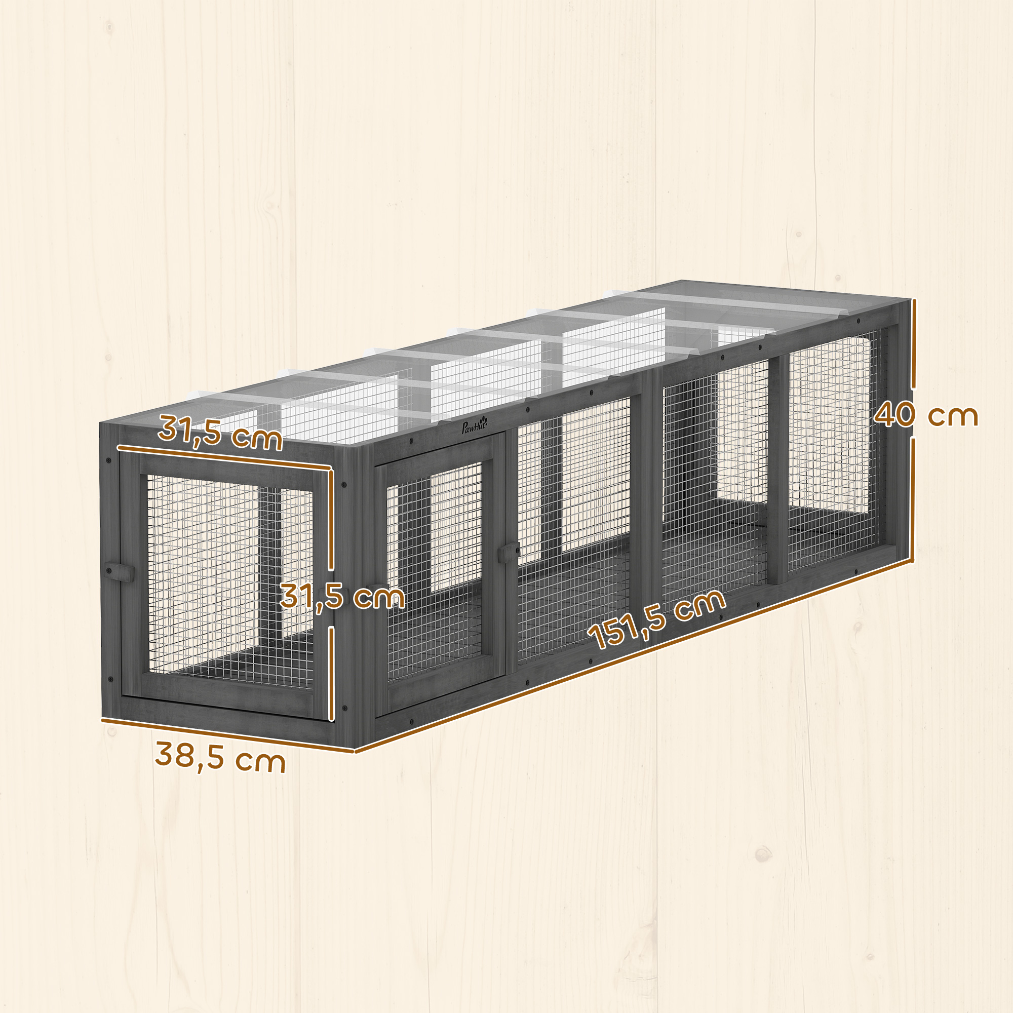 Katzentunnel Katzenspielzeug aus Holz mit 3 Türen, erweiterbar Spieltunnel für Katzen bis 10 kg, 151,5 x 38,5 cm Grau