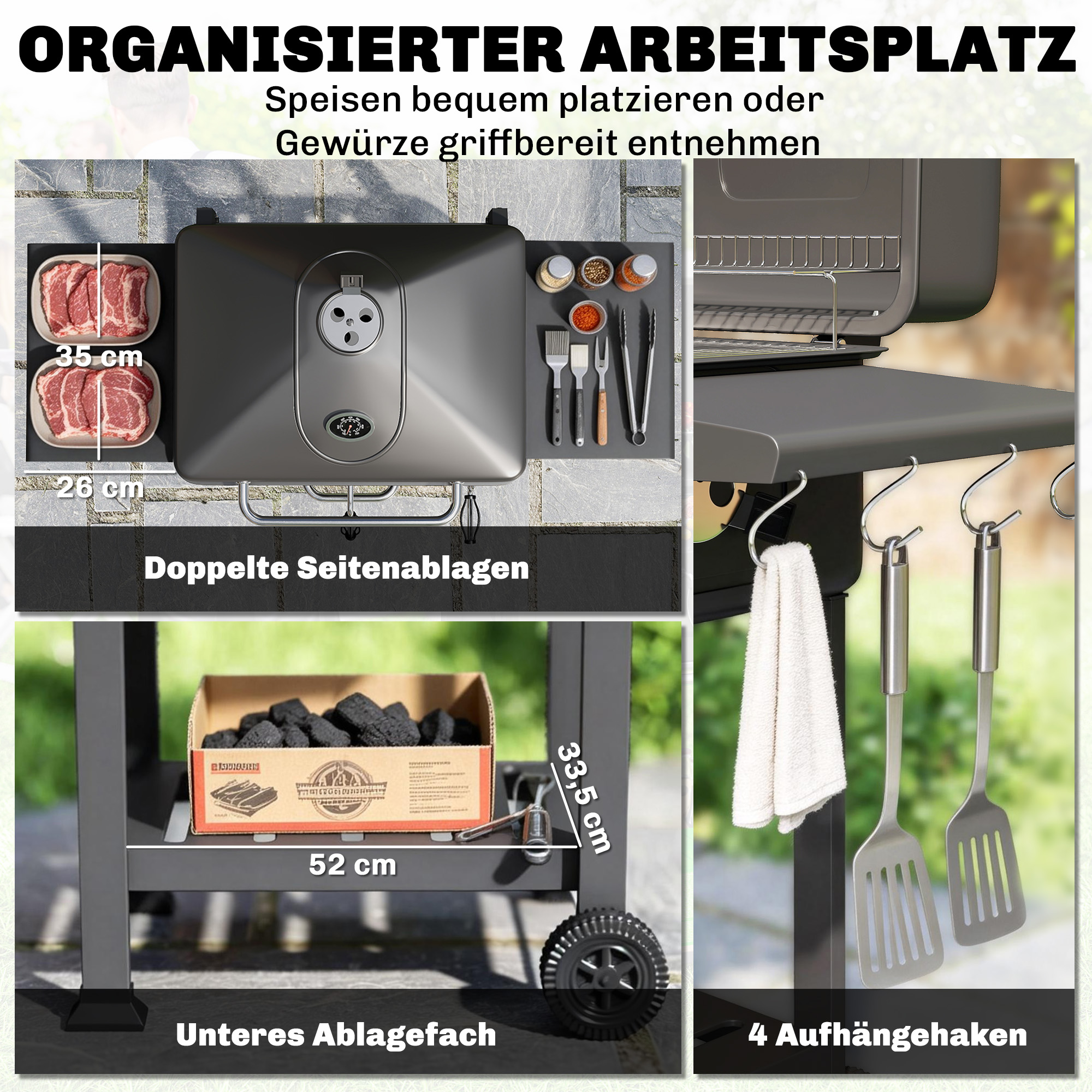 Holzkohlegrill BBQ Smoker mit Deckel Thermometer höhenverstellbar Kohlepfanne Grillrost Seitentisch Aschefach