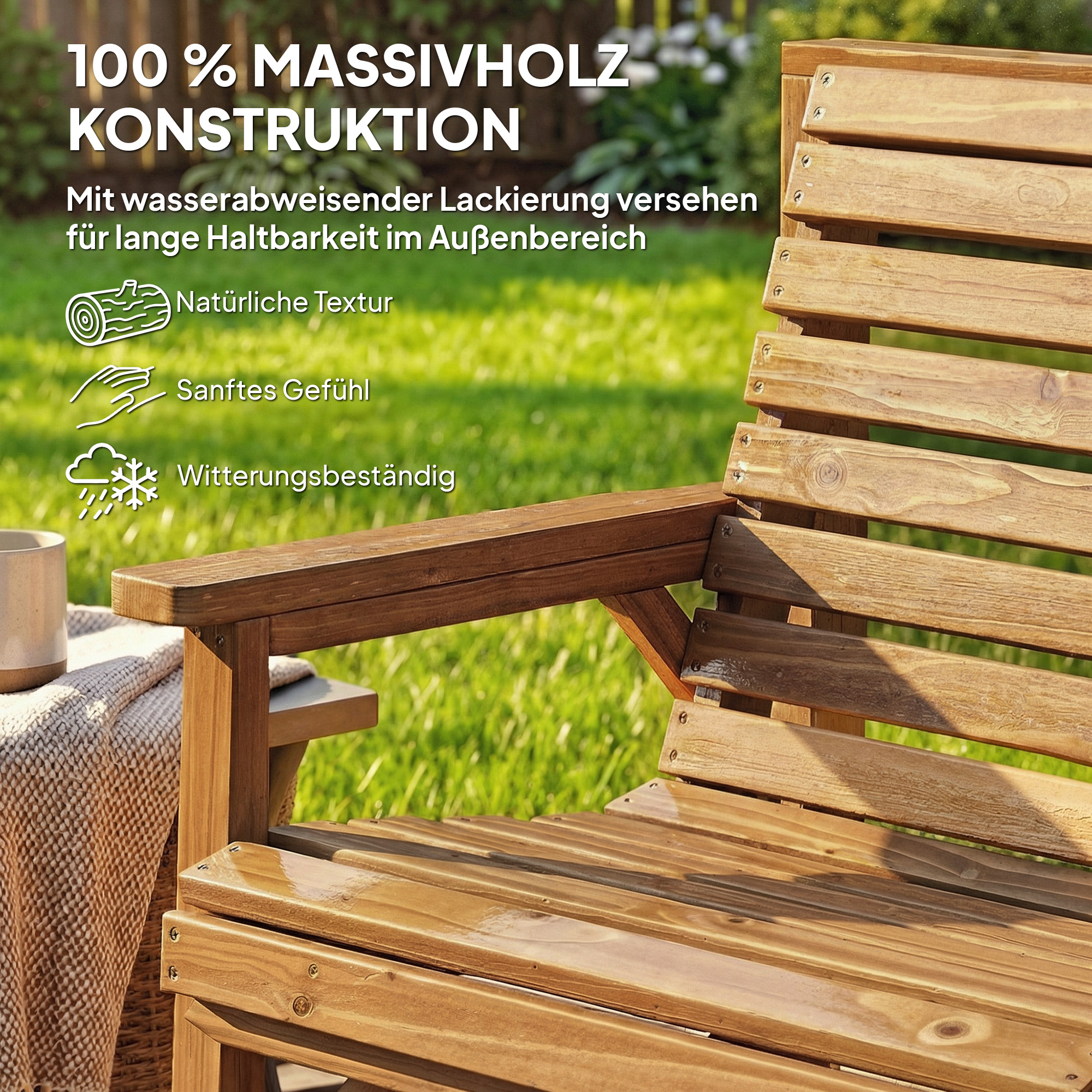 Gartenstühle 3er-Set, Balkonmöbel Set mit Sonnenschirmloch, Gartenstuhl, Bank, abnehmbarem Tisch 121x65x90 cm Naturholz