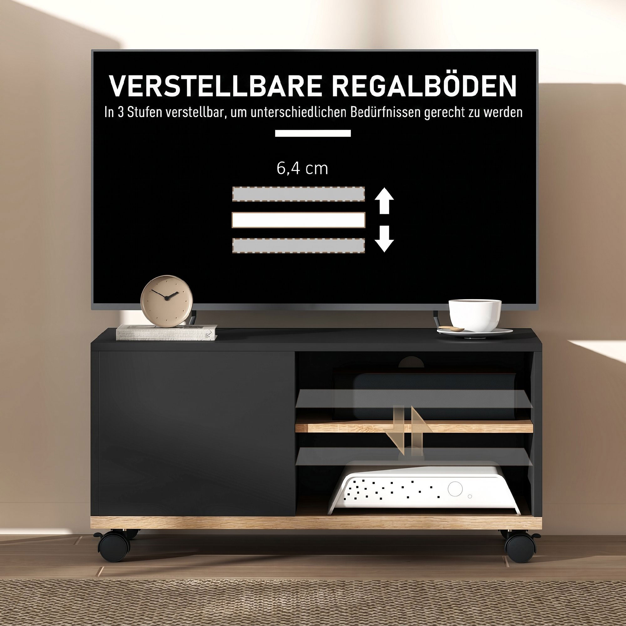 TV-Board auf Rollen mit Bremsen, TV-Möbel mit Schrank und verstellbarer Ablage, Schwarz und Eiche