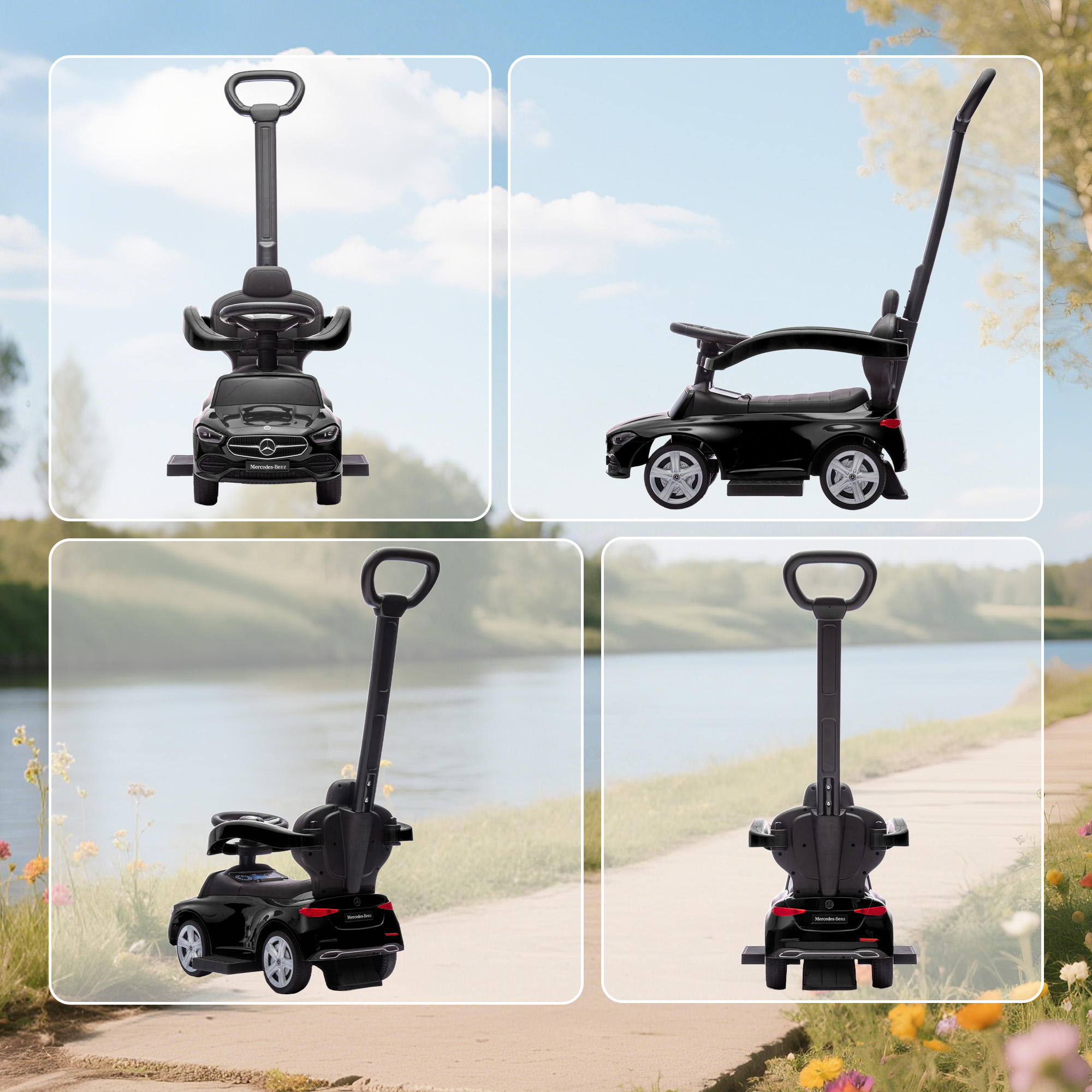 Rutschauto mit Schiebstange 2-in-1 Rutschfahrzeug mit abnehmbarem Griff, Sicherheitsgeländer, Stauraum, Hupe & Lenkrad