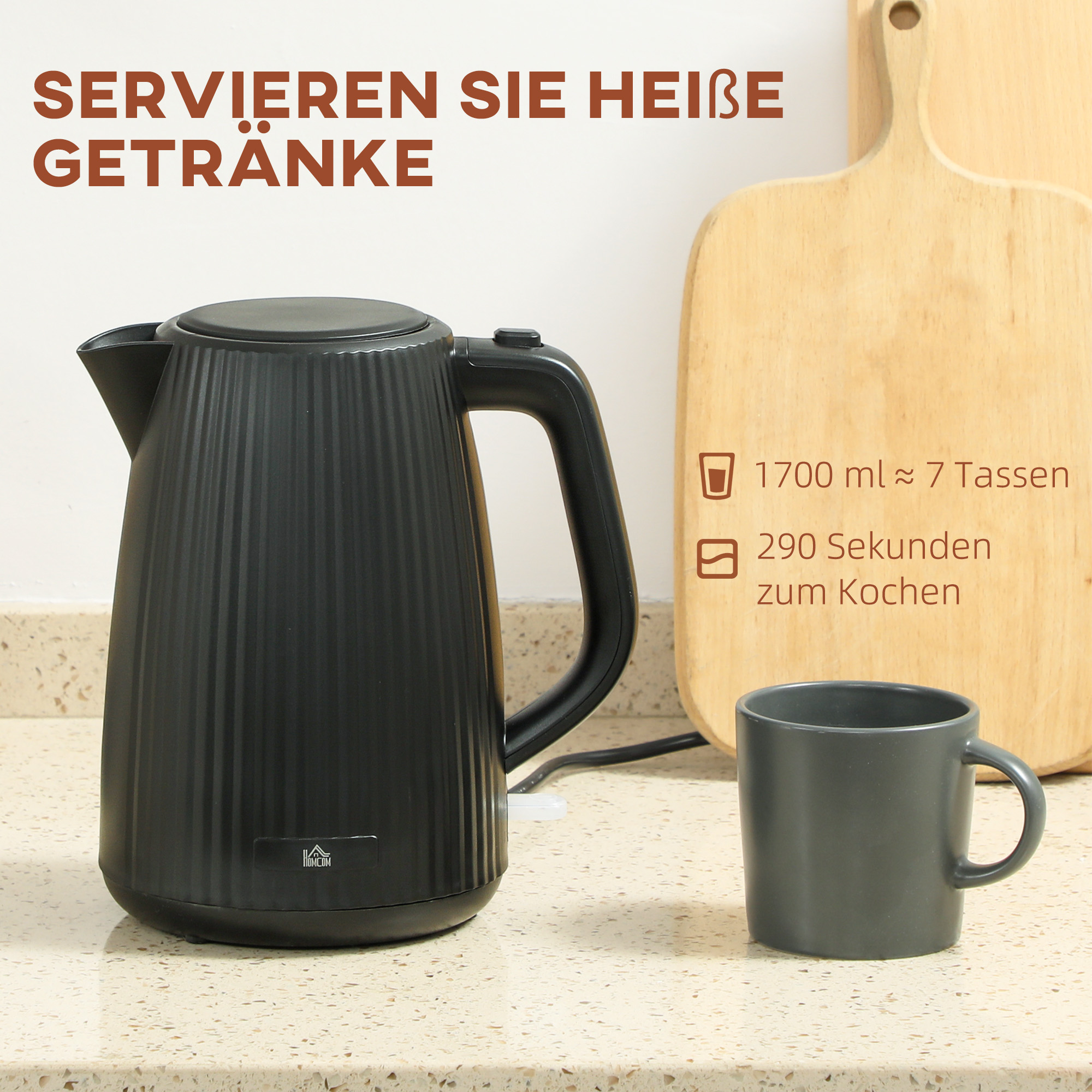 Elektrischer Wasserkocher, 1,7L, Schnellkochfunktion, 2200W, mit herausnehmbarem Kalkfilter, Abschaltautomatik, Schwarz