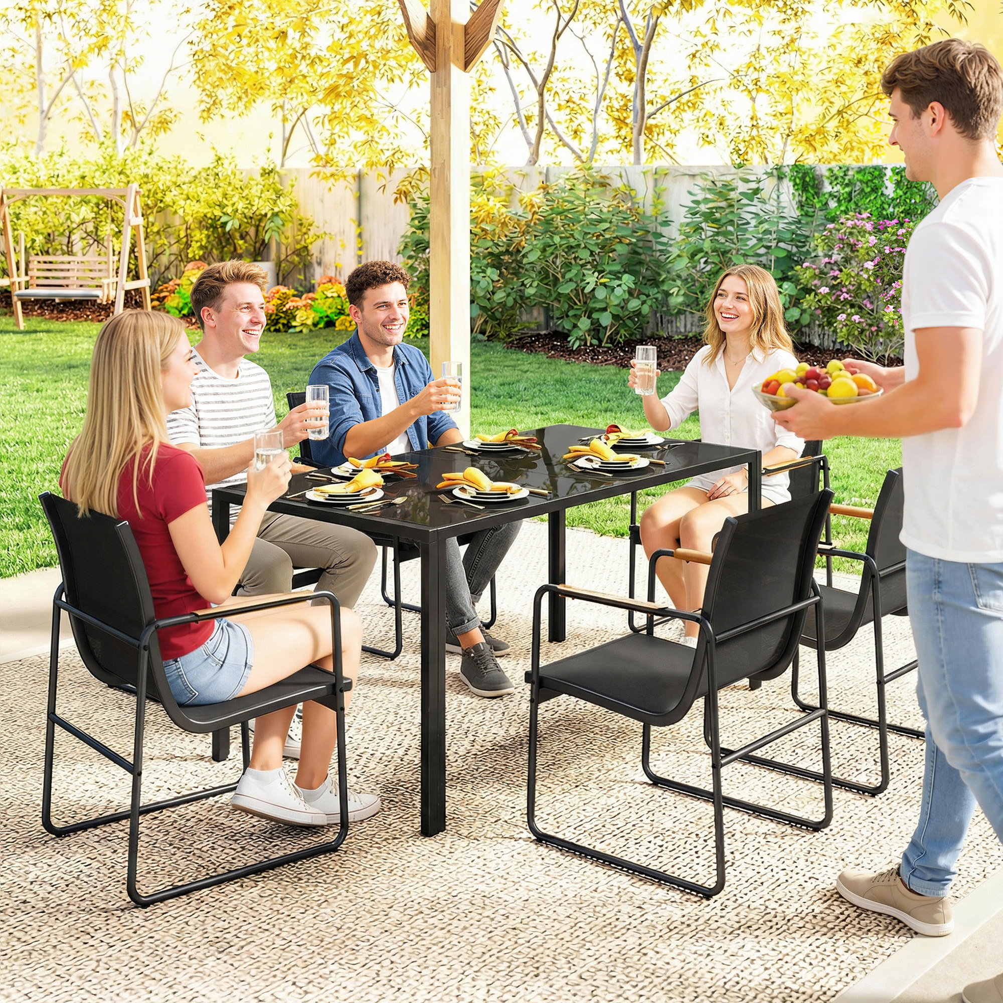 Gartenmöbel Set Sitzgruppe 150 x 80cm Glastisch mit 6 Atmungsaktiven Stühlen Dekorative Armlehnen Schwarz