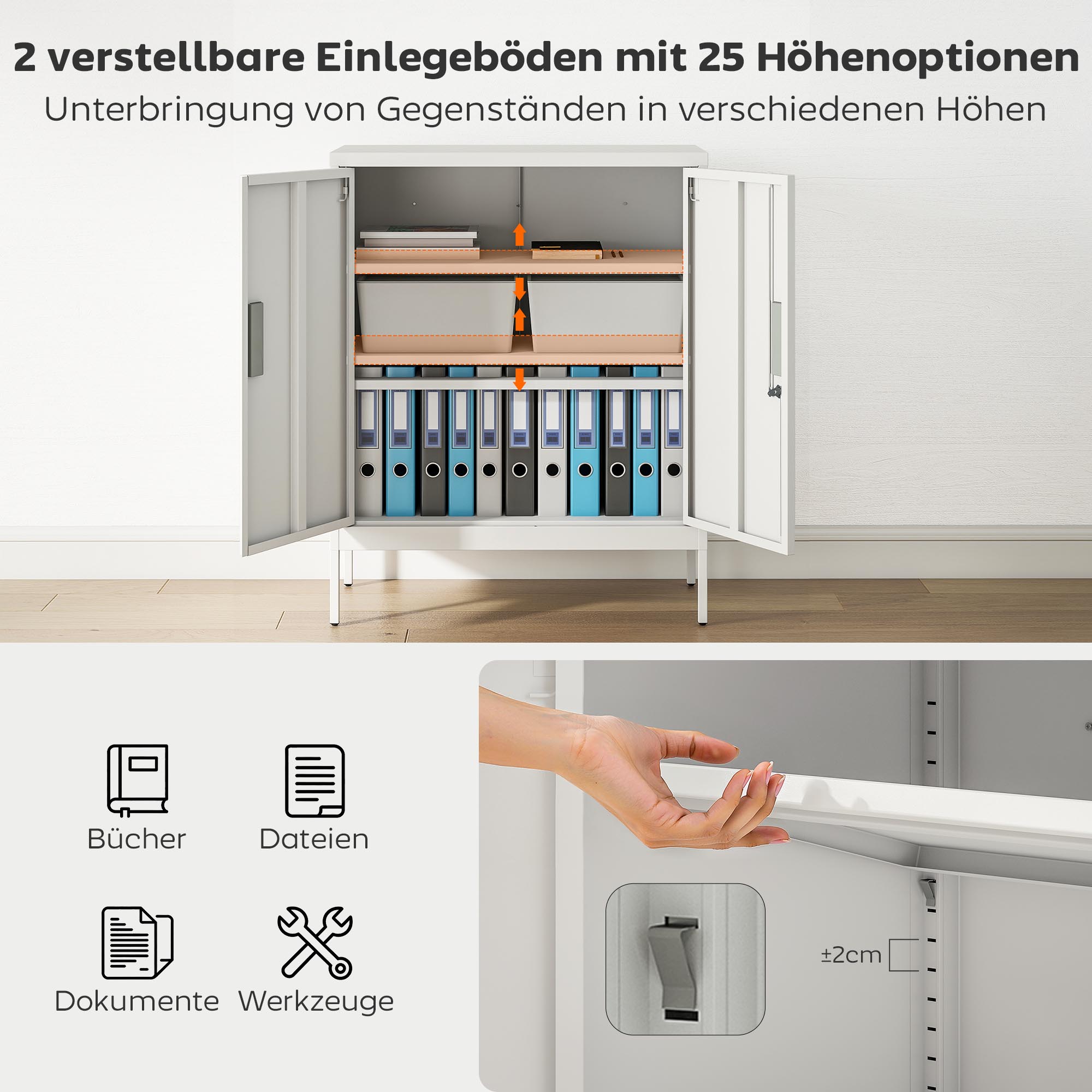 Verschließbarer Stahlschrank mit 2 Türen, Büroschrank, verstellbare Regale, für Homeoffice, Wohnzimmer, Garage, Weiß