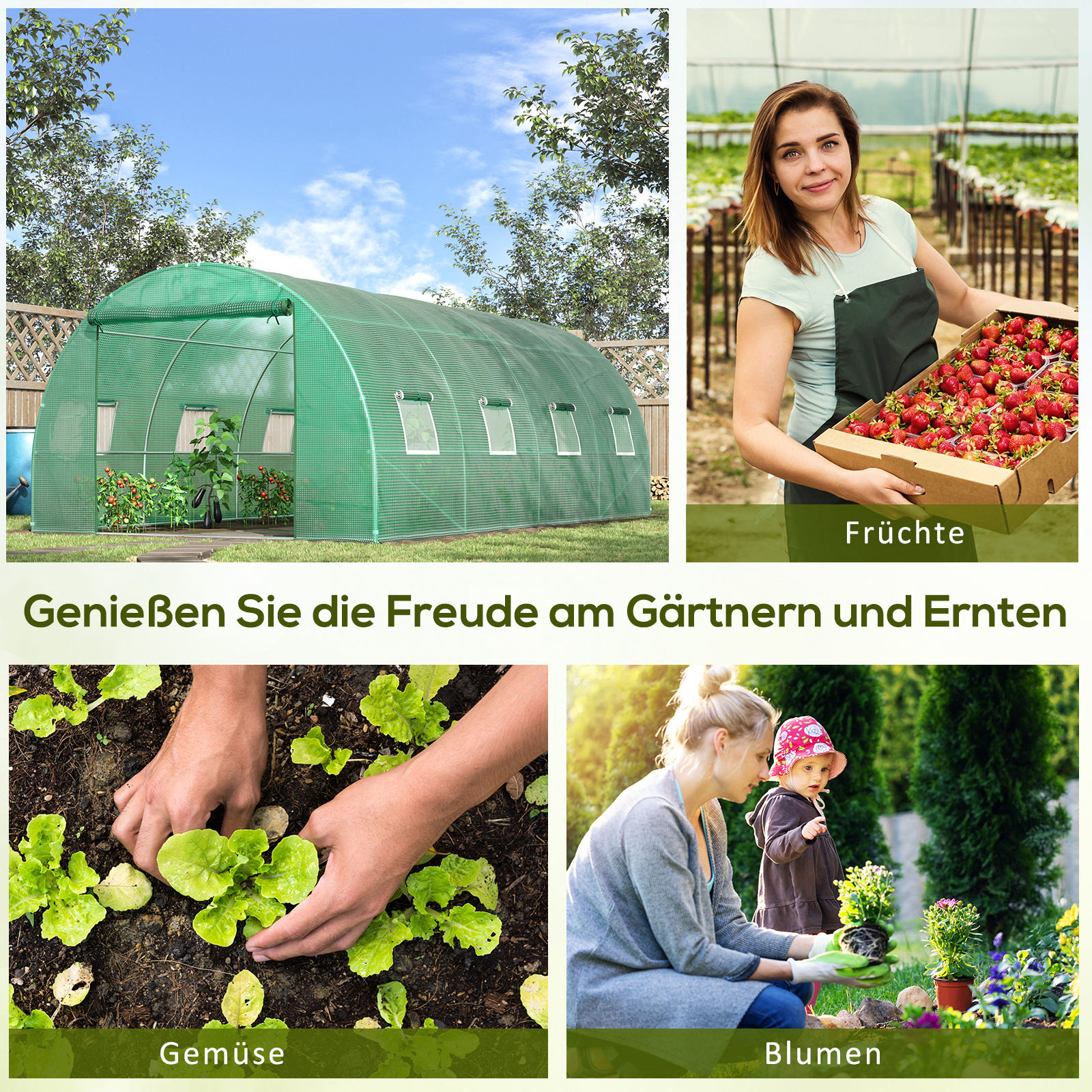 Foliengewächshaus, begehbares Gewächshaus, Folientunnel, Treibhaus, Kunststoff, Stahl, Grün