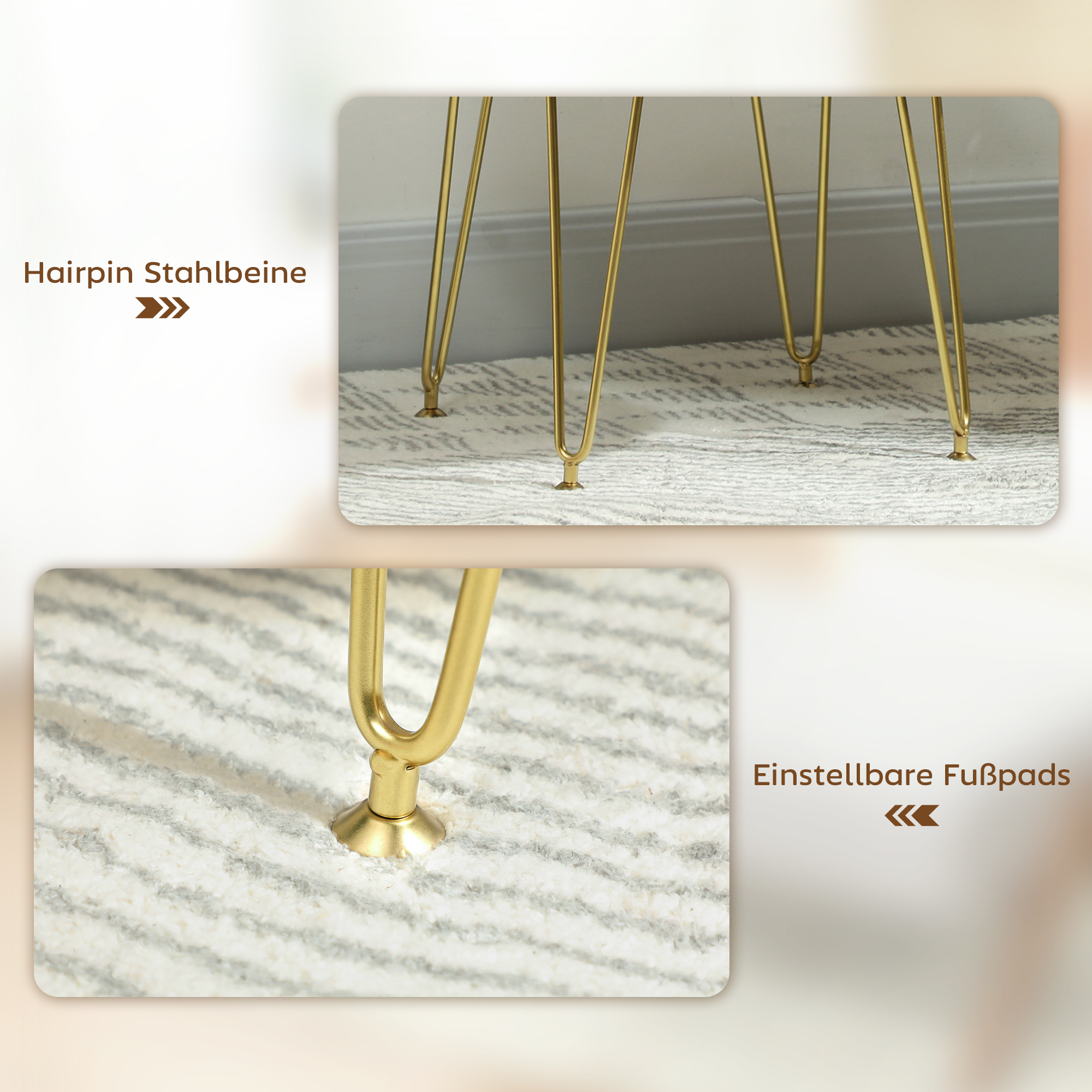 Sitzhocker, Polsterhocker in Kleeblattform, Stoffbezug, Stahlbeine, Cremeweiß