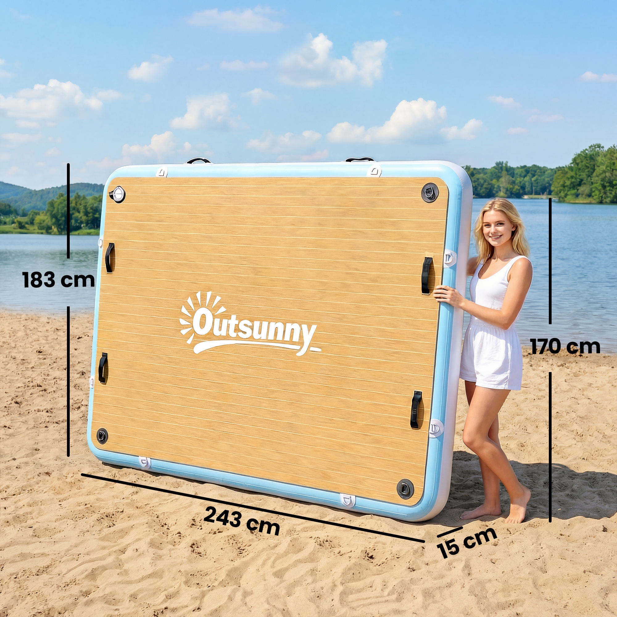 Aufblasbares Dock Schwimmdock 2,4x1,8m Aufblasbar Schwimmende Plattform 4-6 Personen mit Rutschfest Oberfläche Leiter