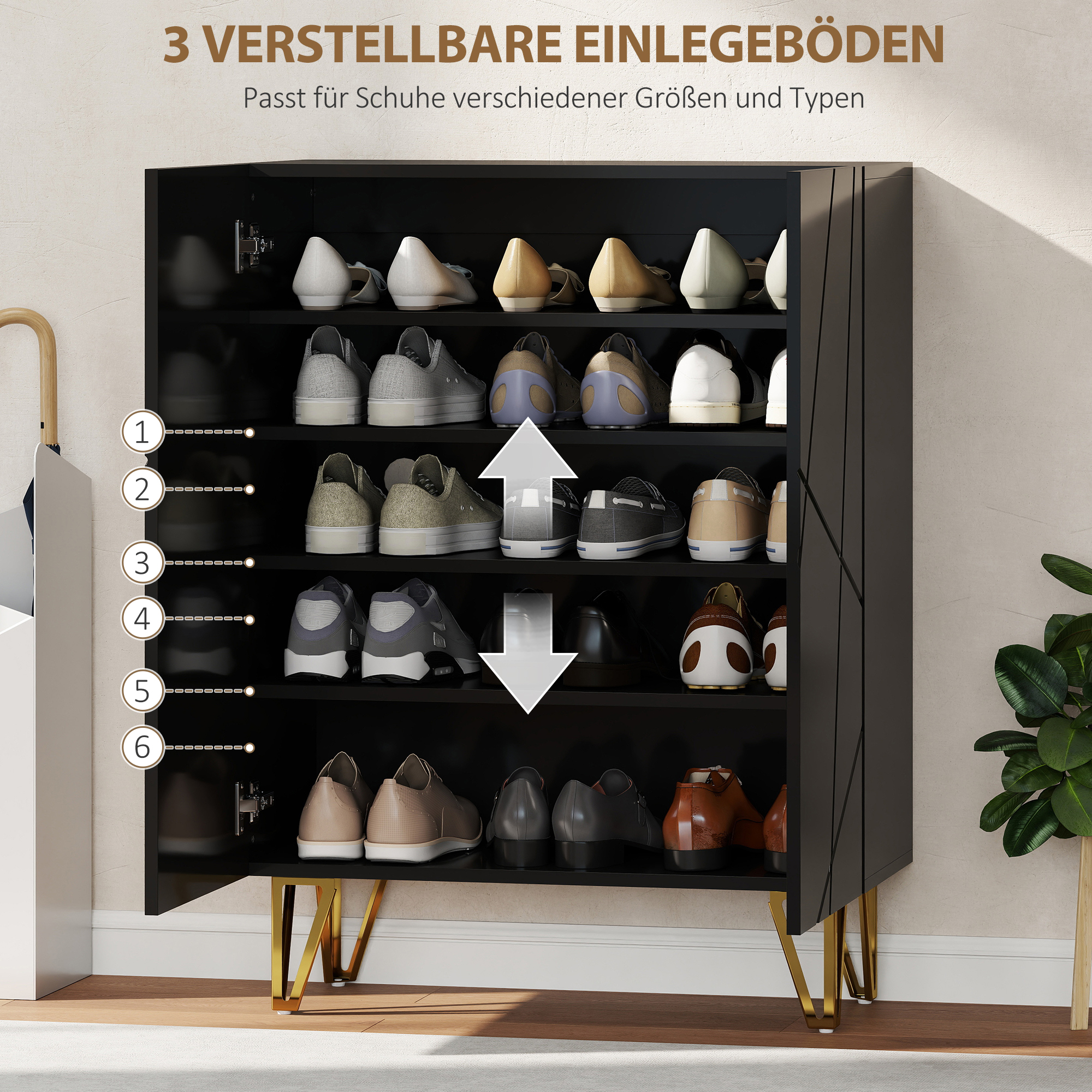 Schuhschrank mit 2 Türen, Schuhregal, Schuhaufbewahrung mit 3 Verstellbaren Ablagen 72 x 31,5 x 95 cm, Schwarz