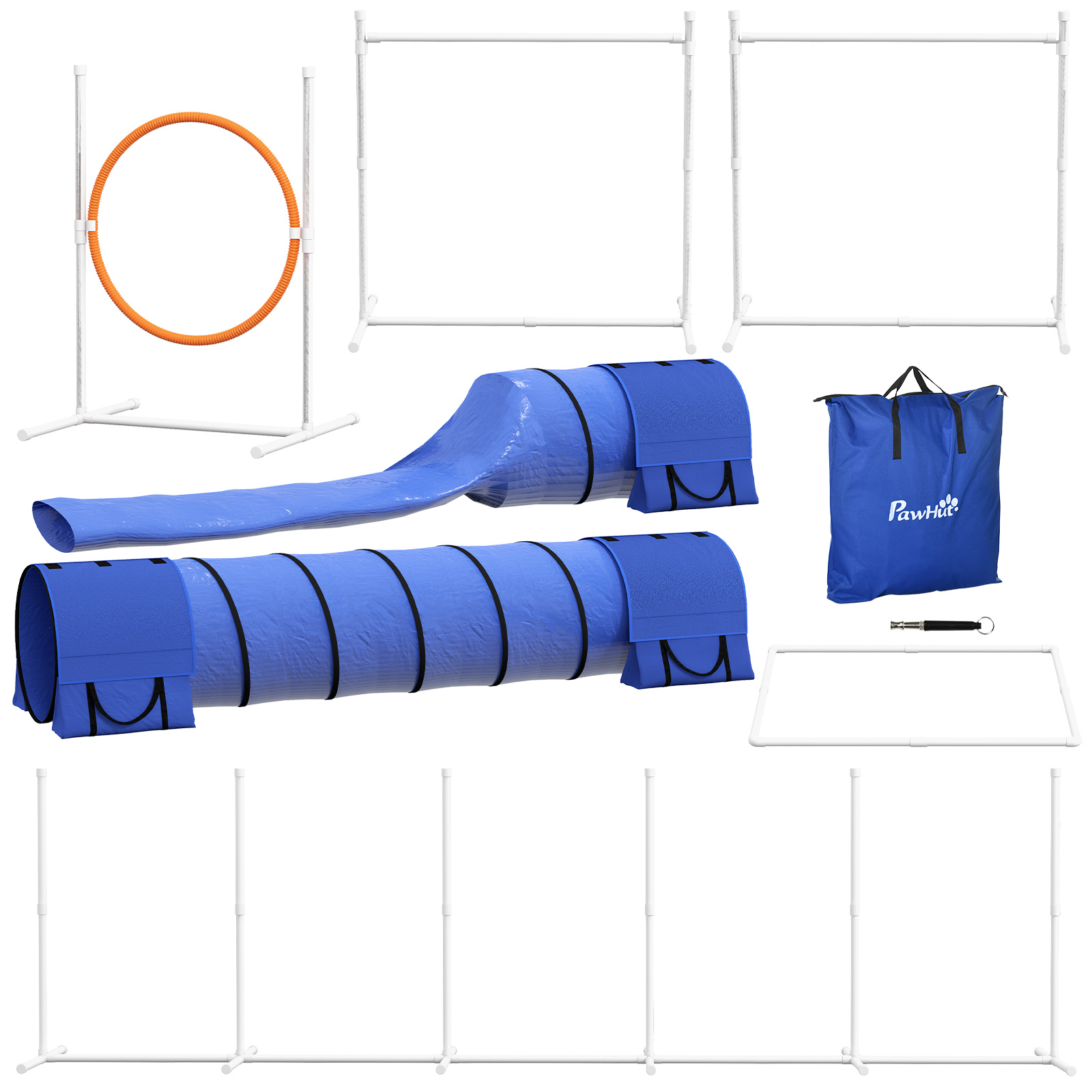 Hunde-Agiliy-Set Hundeparcours, 1 Reifen,  2 Tunnel 2 Hürden, 321 cm x 63c m x 93 cm, Blau + Rot+ Weiß