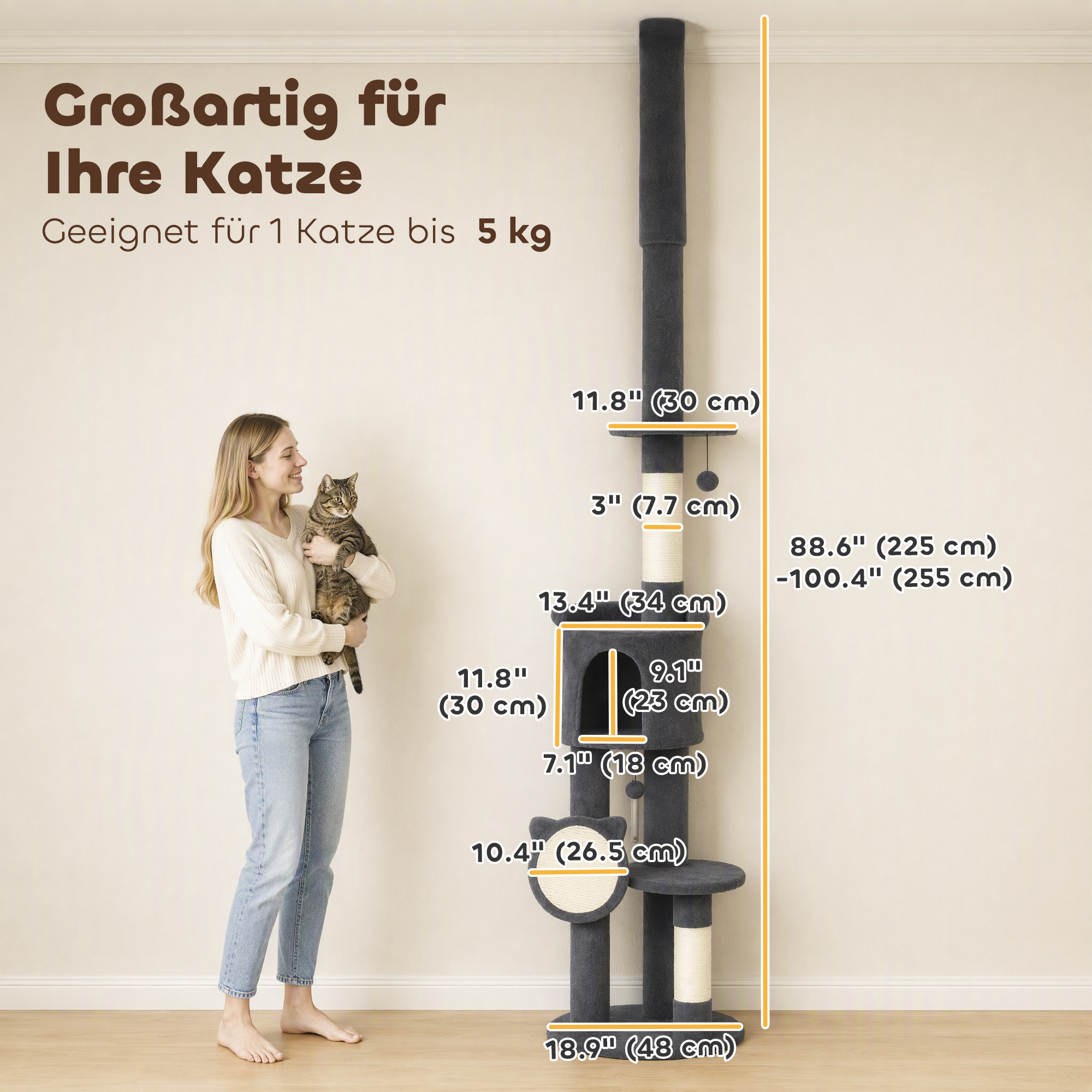 Kratzbaum Deckenhoch 225–255 cm höhenverstellbar Katzenbaum mit 5 Etagen Sisal-Kratzstämmen, Kratzbrett Hängematte