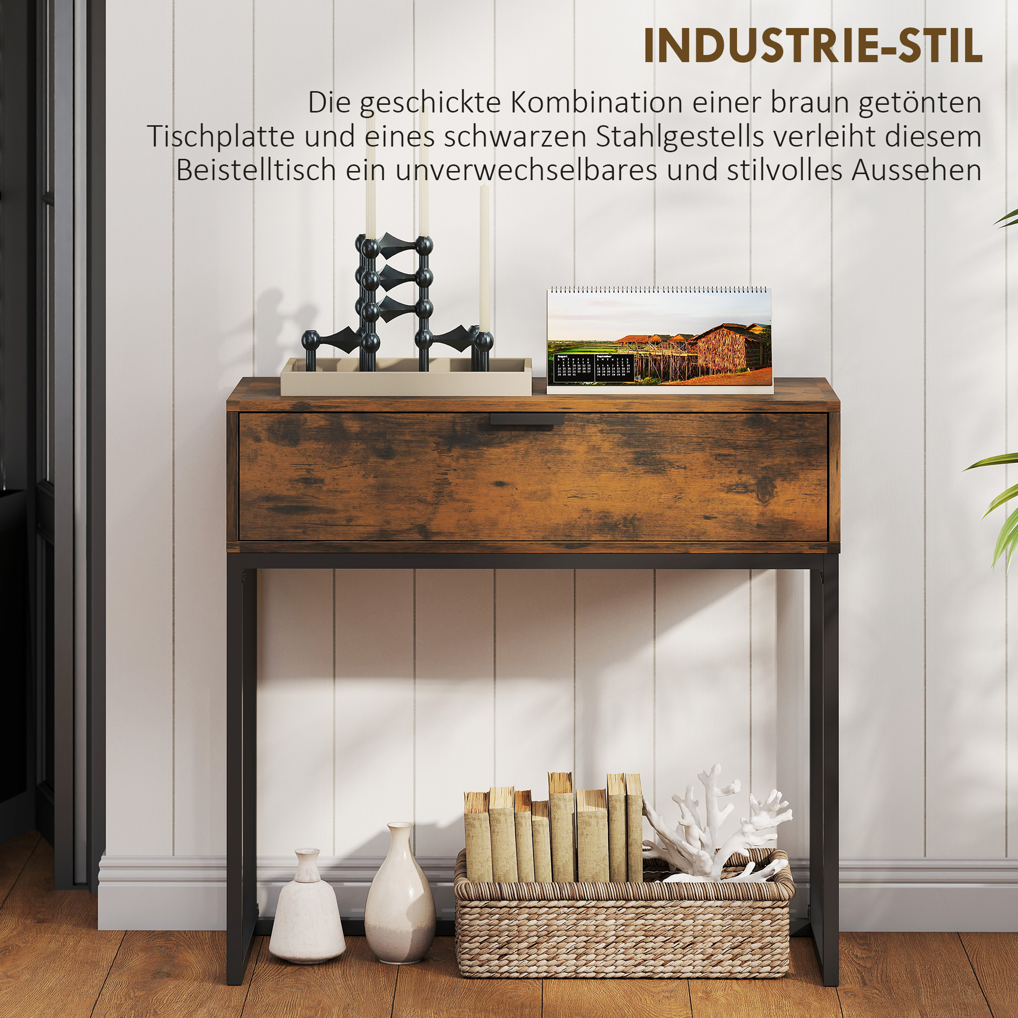 Konsolentisch Flurtisch mit Schublade, Industrie-Design, Flur Wohnzimmer, 80x30x76 cm, Schwarz