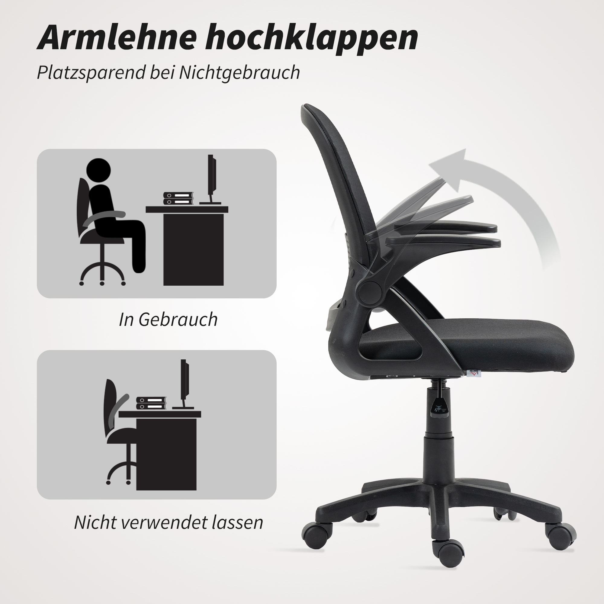 atmungsaktiver Mesh-Bürostuhl, Ergonomischer Drehstuhl mit klappbaren Armlehnen und Lendenwirbelstütze, Schwarz