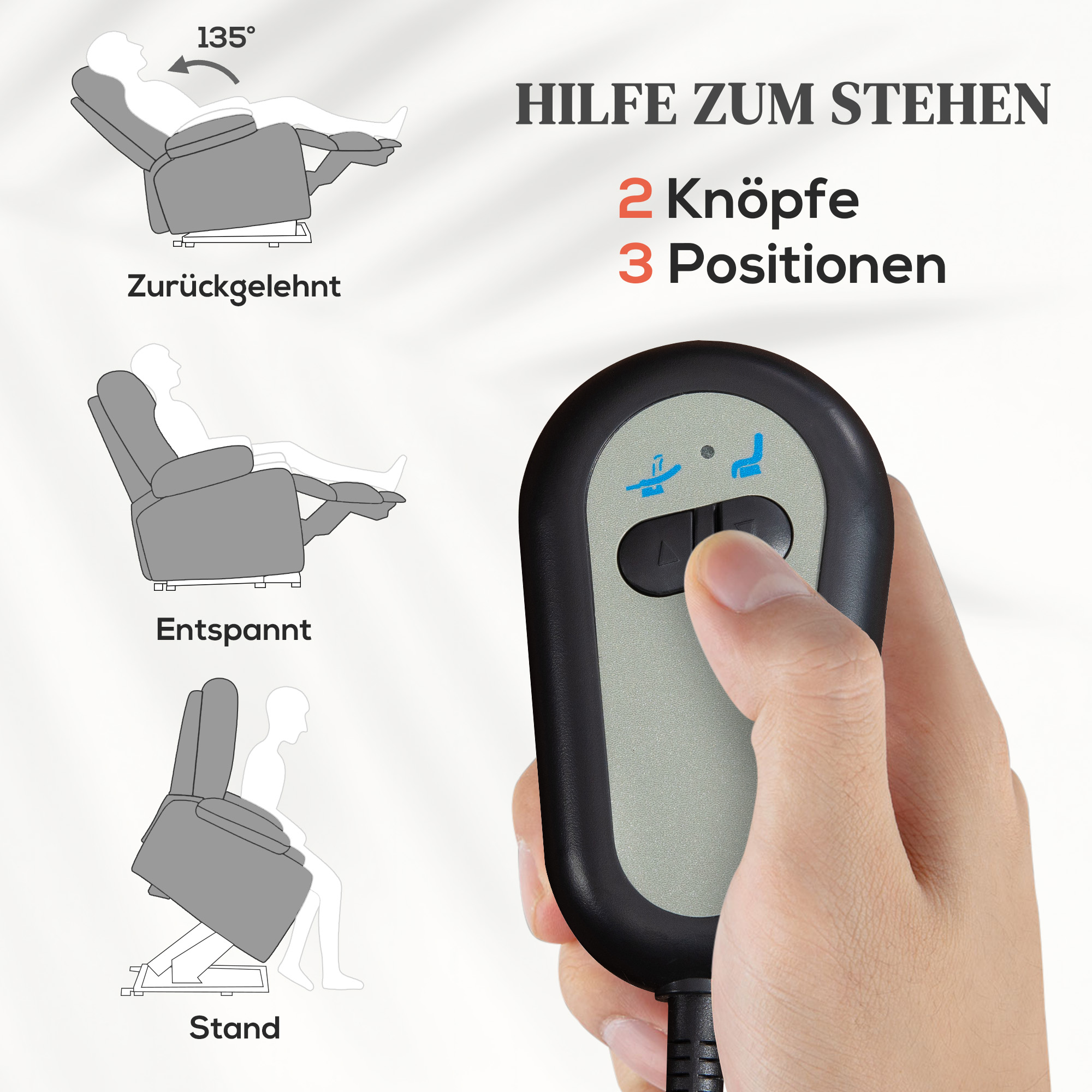 Relaxsessel mit Aufstehhilfe, Massagesessel mit Wärmefunktionen, 2 Fernbedienungen, weicher Schaumstoff