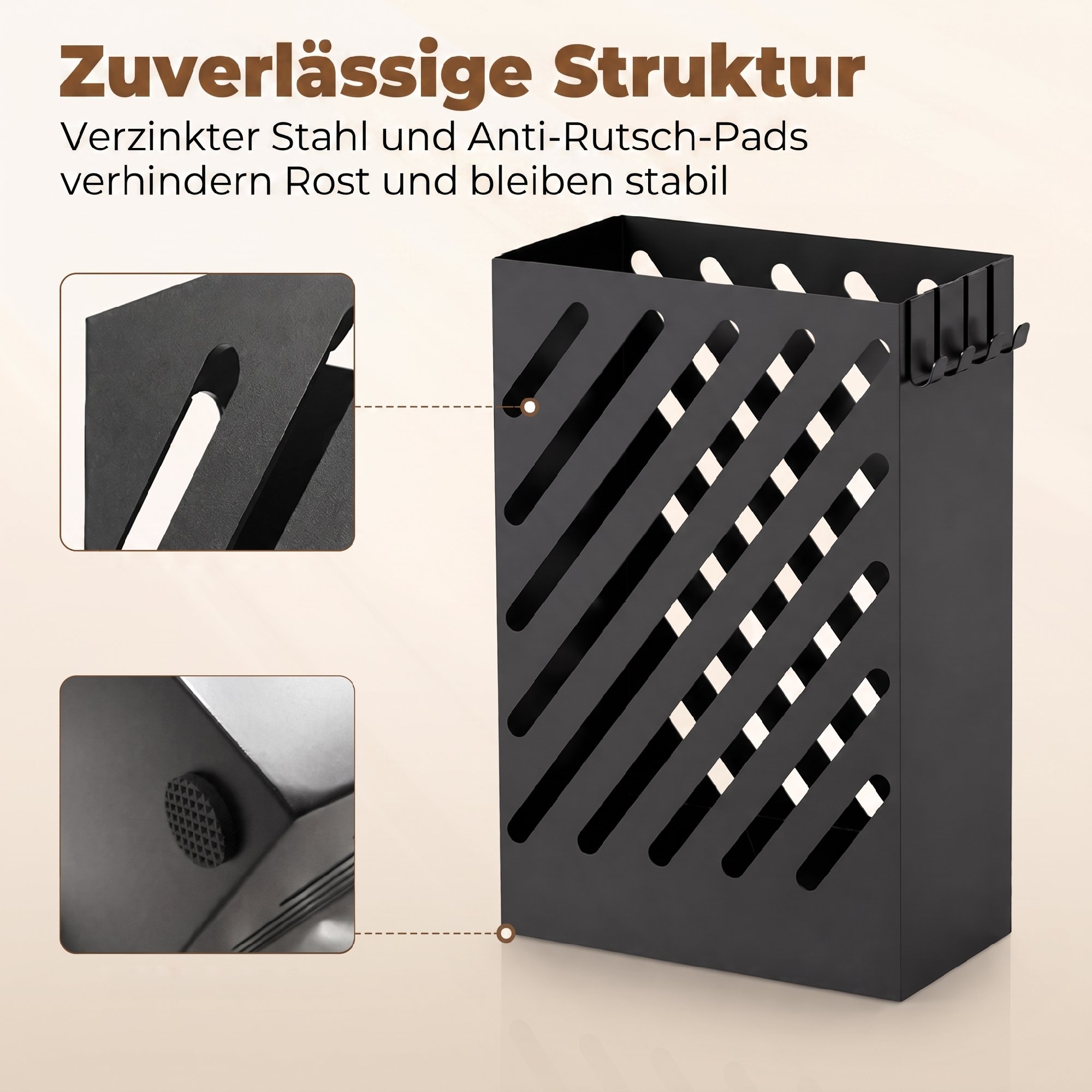 Regenschirmständer mit Tropfschale, 4 Haken, Stahl, 28L x 14B x 41H cm, Schwarz
