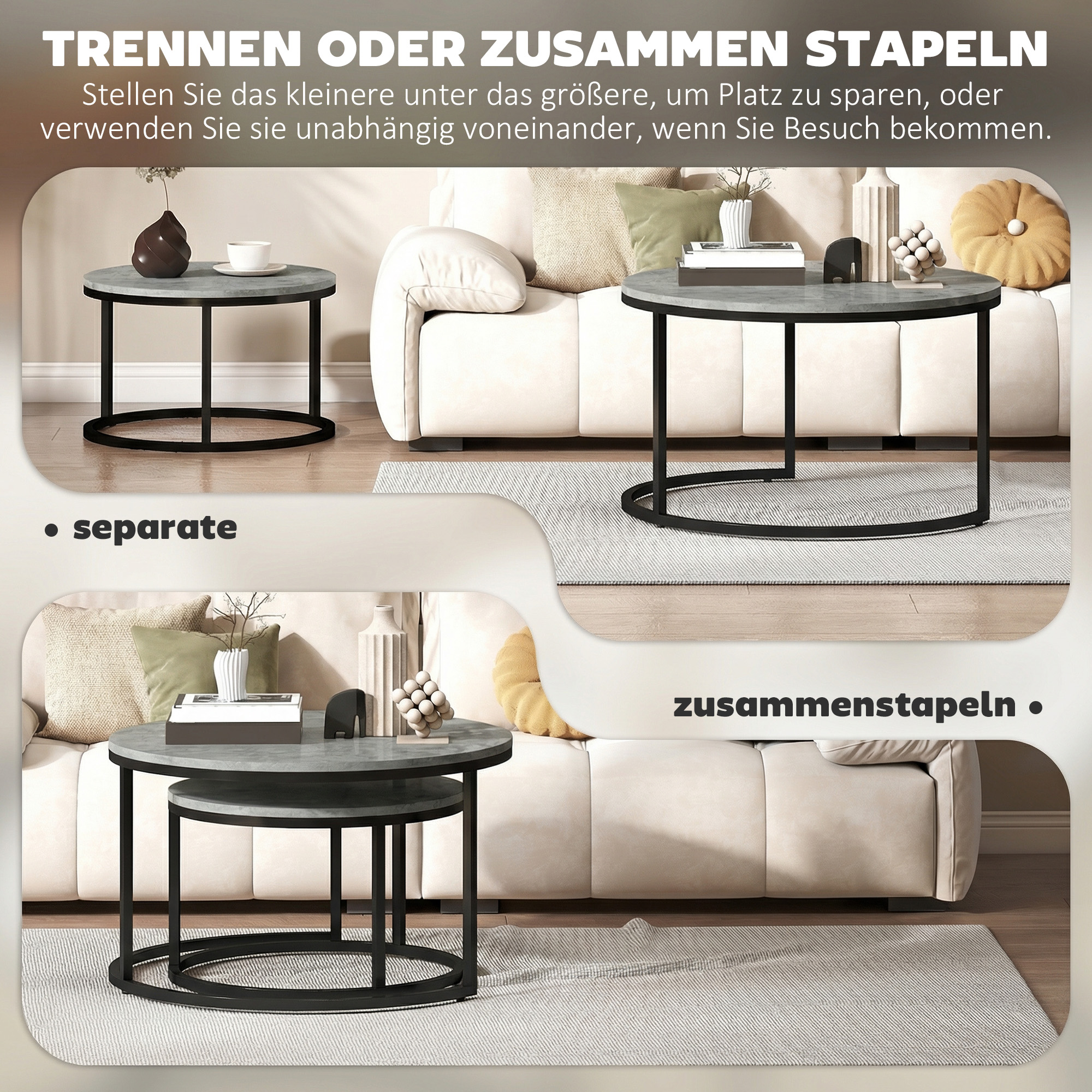 Modernes Kaffeetisch 2er-Set, Stapelbare Beistelltische mit Metallgestell für Wohnzimmer, Schlafzimmer, Büro, Grau