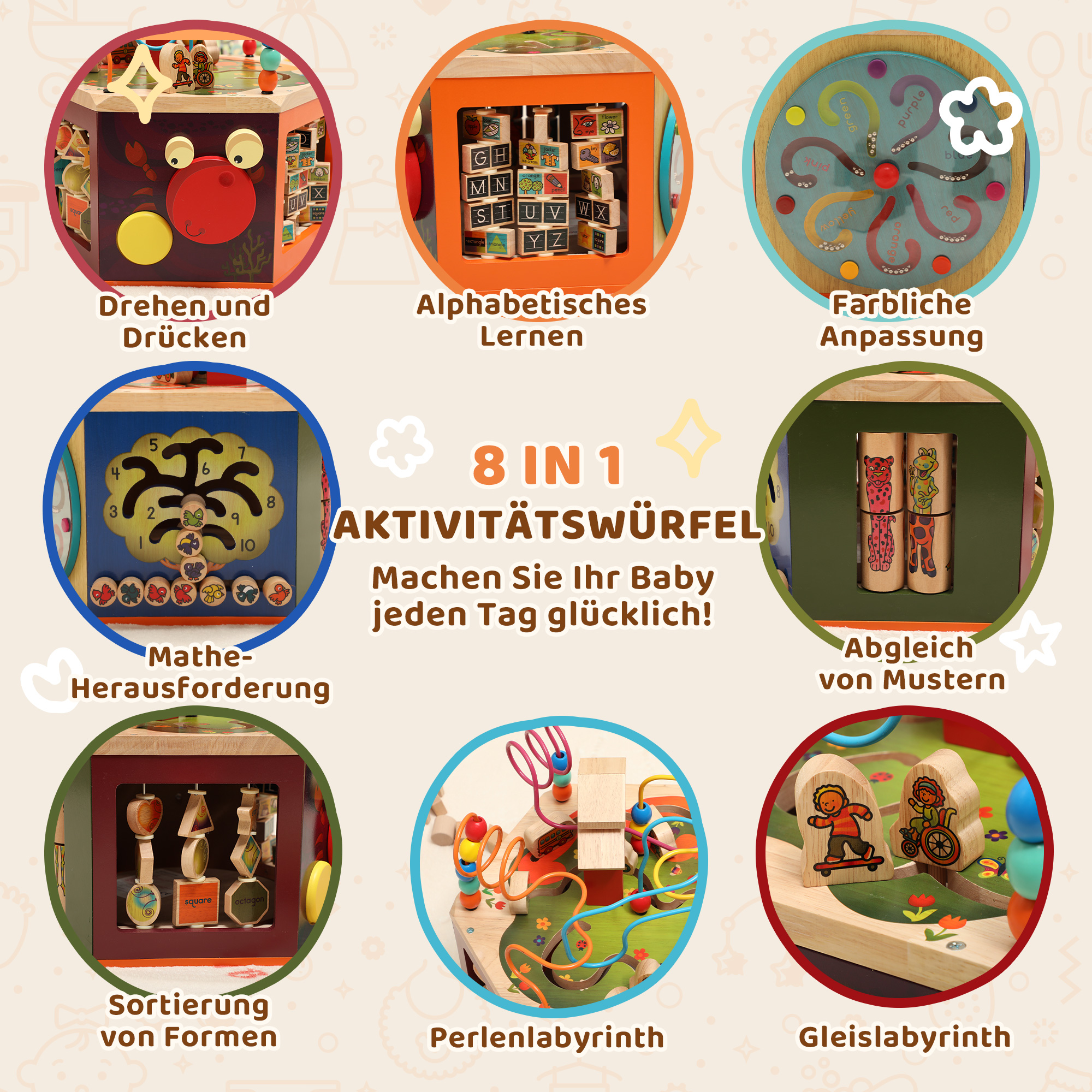 Motorikwürfel, 8-in-1 Aktivitätswürfel mit Motorikschleife, Perlenlabyrinth, 41,5 x 37,5 x 37,5 cm, Mehrfarbig