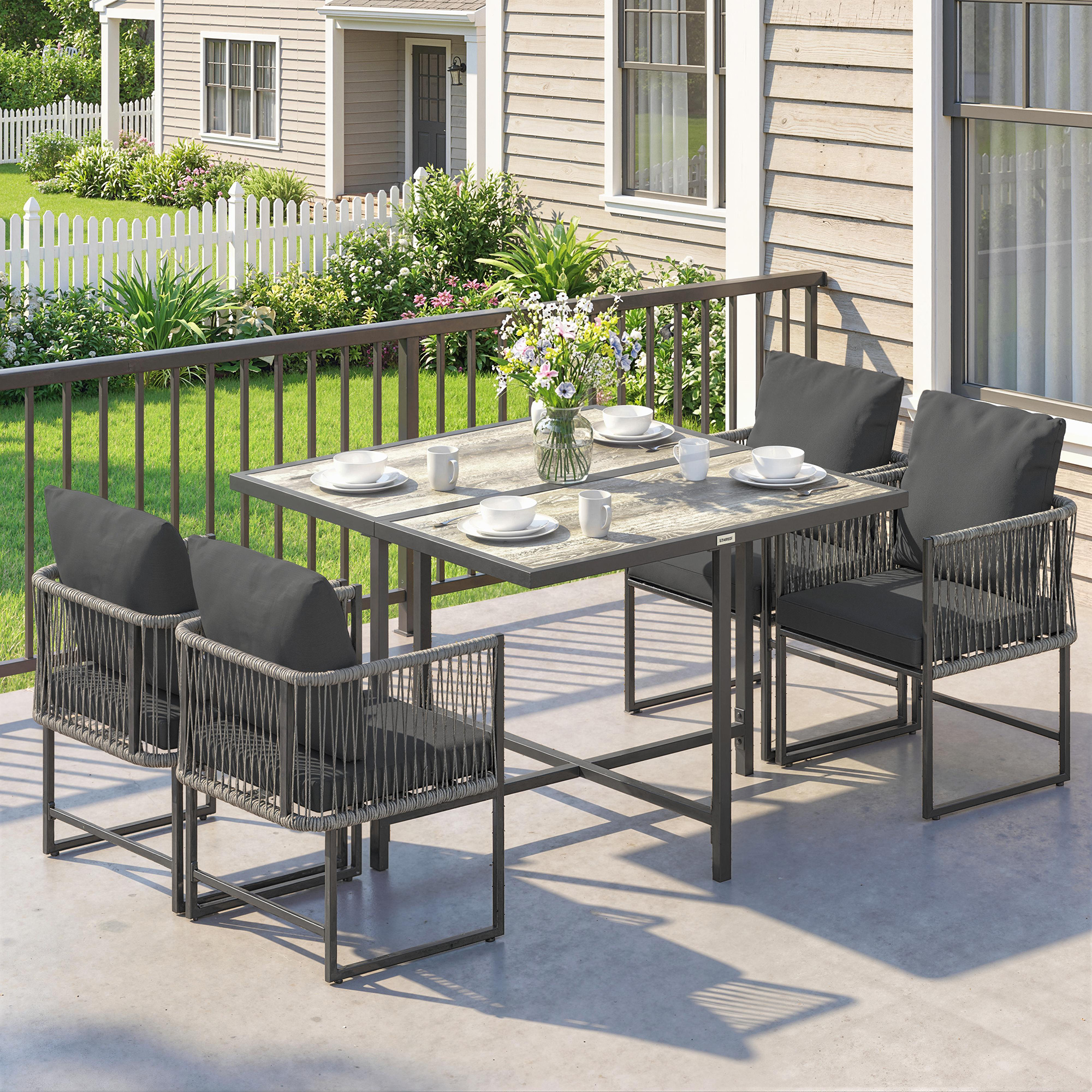 Polyrattan Gartenmöbel Set 5-teilig Platzsparend Sitzgruppe Tisch mit 4 Stühlen DPC-Tischplatte Kissen Grau