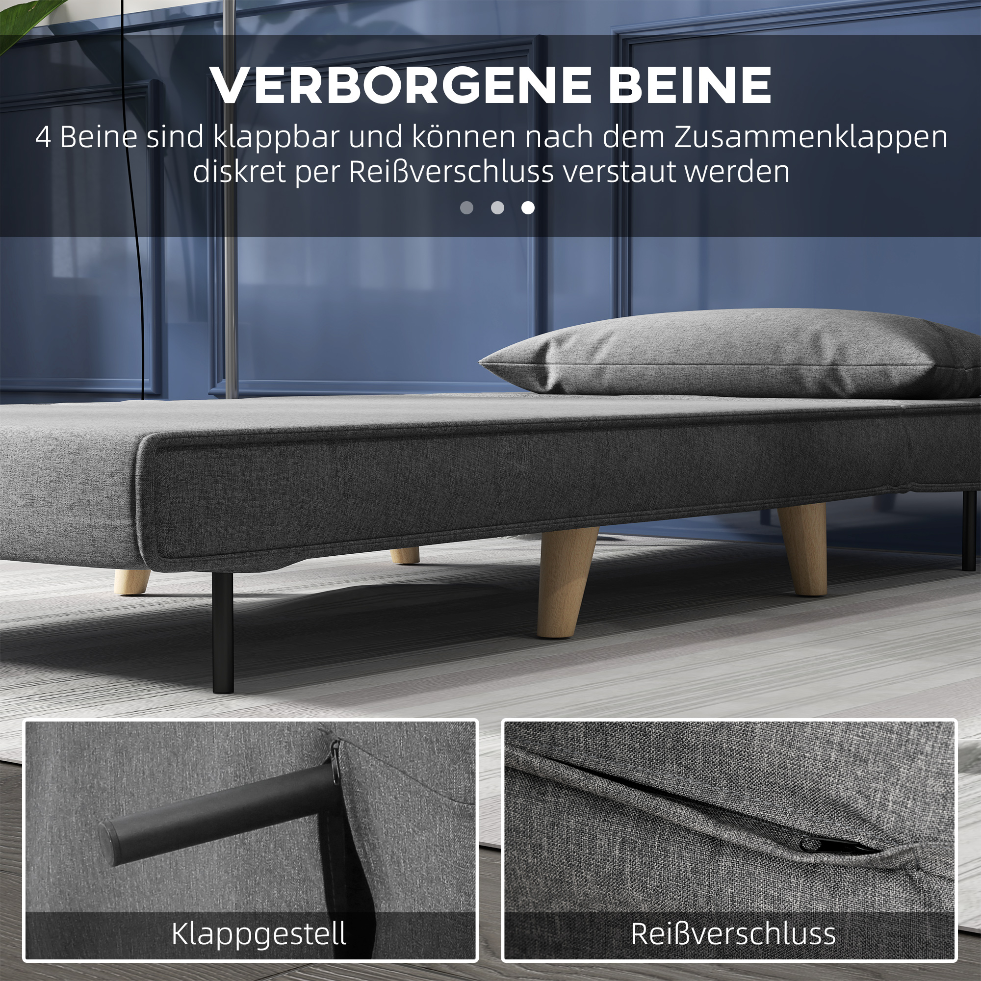 Einzelsofa Schlafsofa Sofabett Klappsofa verstellbar Rückenlehne Liege nordisch skandinavisch 25D Schaumstoff Haus Leinenimitat Kautschukholz Grau 94 x 78 x 80 cm