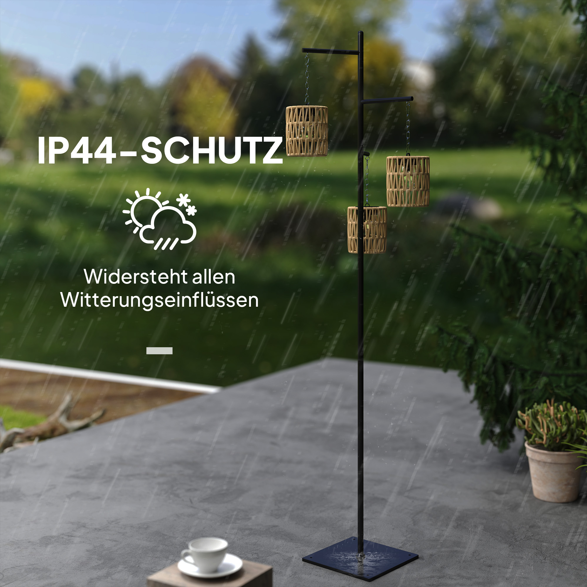 Solar Stehlampe Rattan Solarlampen mit Lichtsensor 3 Lichten Automatisch im Boho-Stil IP44 Spritzwassergeschützt