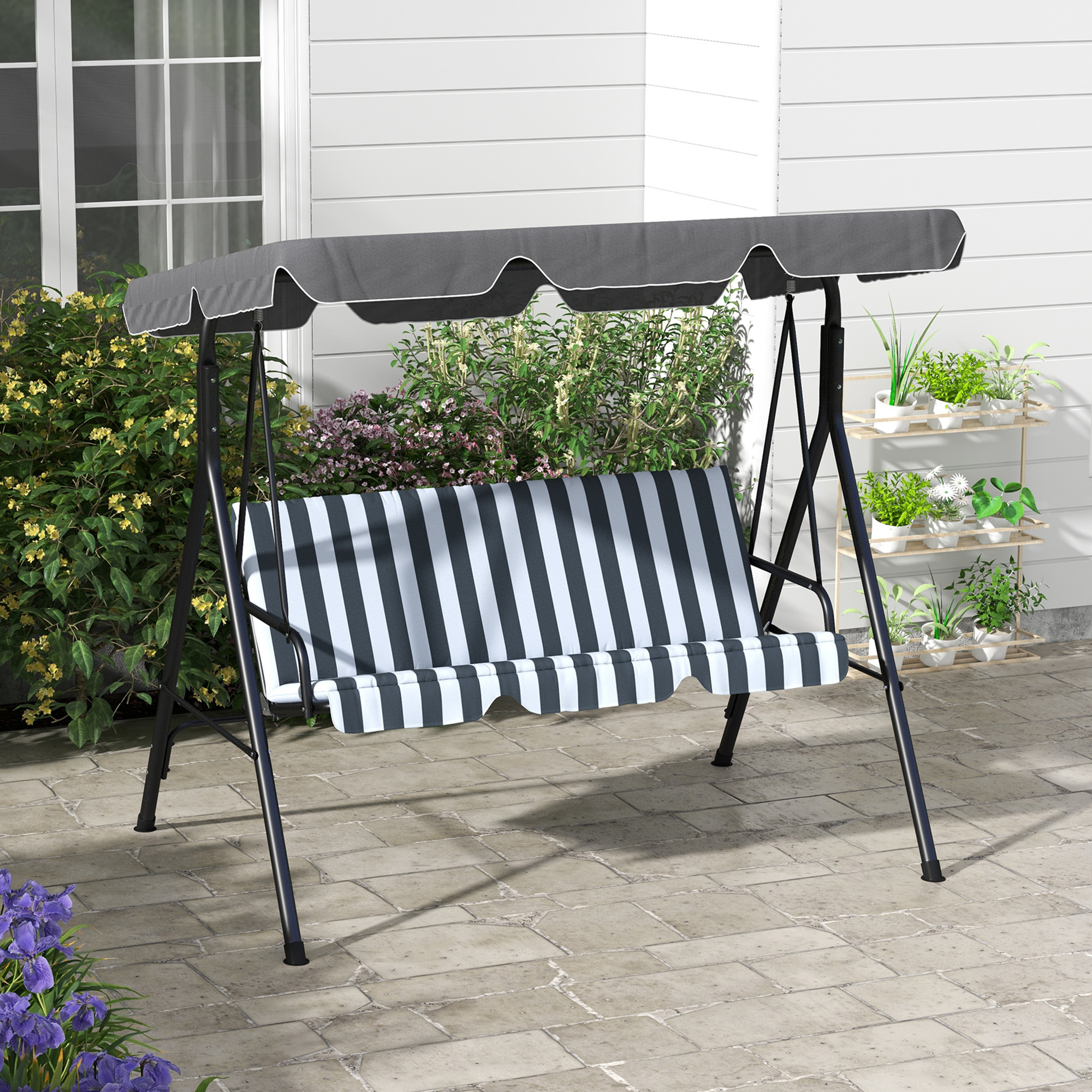 Hollywoodschaukel, Gartenschaukel, 3-Sitzer Schaukelbank mit Dach, Stahl, 172 x 110 x 153 cm, Grau+Weiß