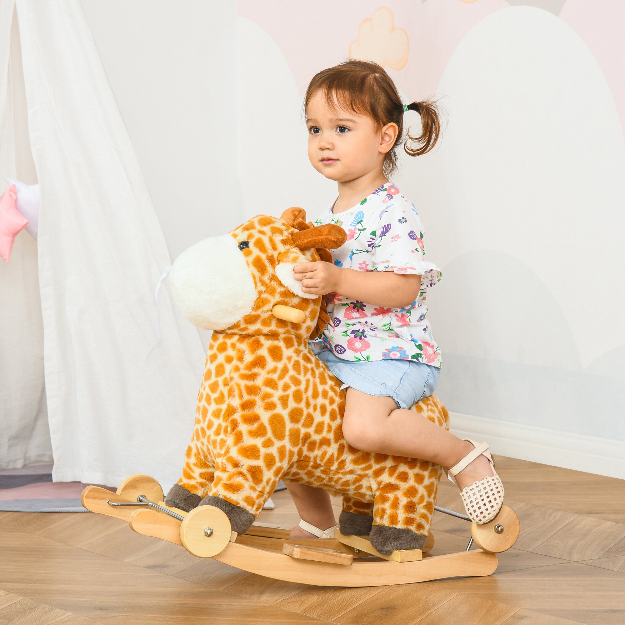Schaukeltier Giraffen mit Sound Effekt, Räder, Haltegriffen Plüsch Baby Schaukelspielzeug Schaukel Schaukelsitz für Kleinkinder 3-6 Monate