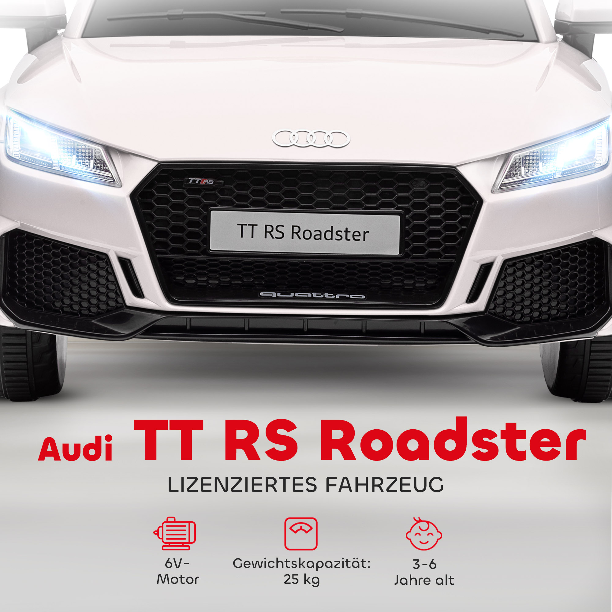 Kinder-Elektroauto, Audi TT RS Roadster, 3 km/h, Fernbedienung, LED, USB, Weiß
