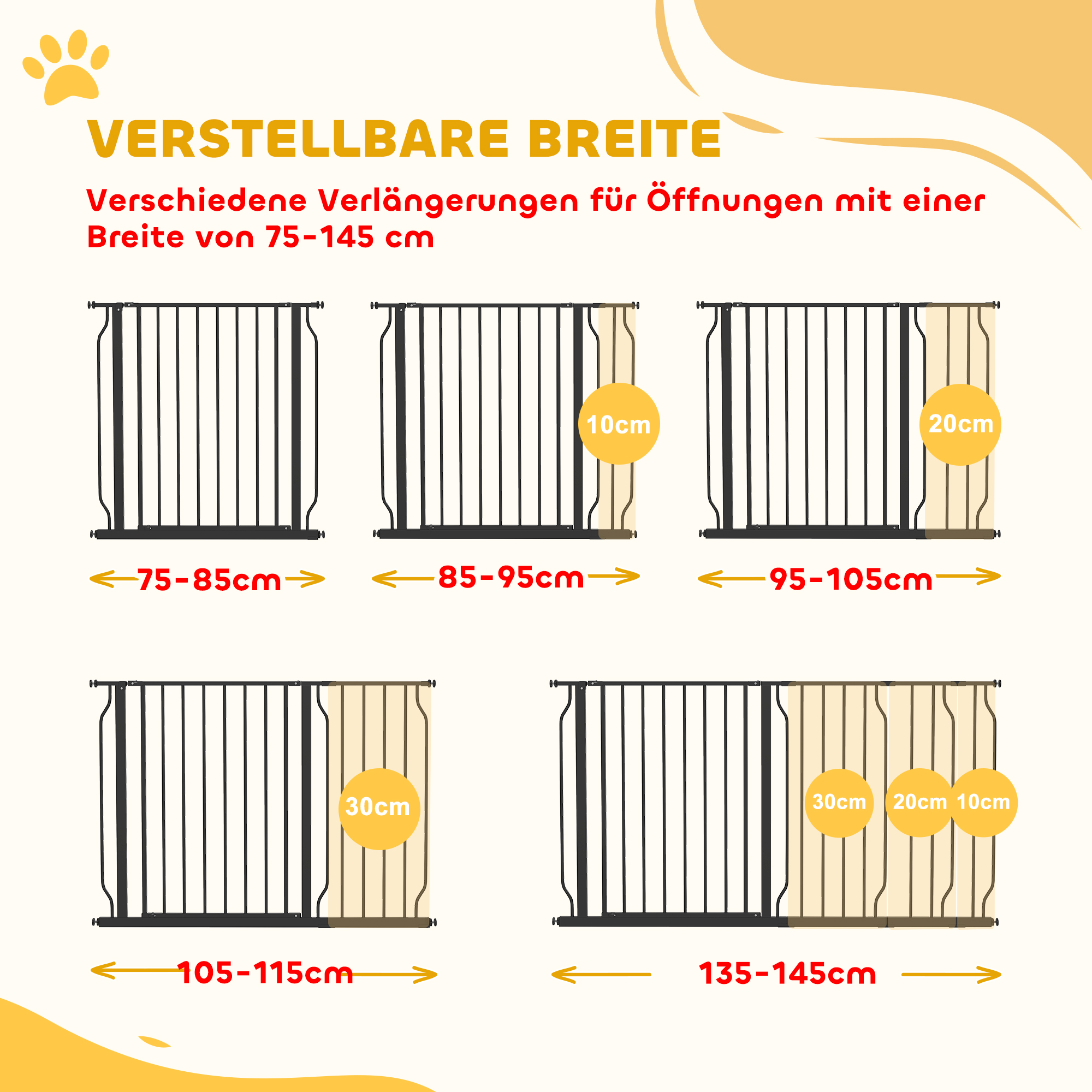 Hundeschutzgitter  Absperrgitter, Zwei-Wege-Öffnung, Wandhalterung mit Druckknöpfen, verstellbar von 75 bis 145 cm