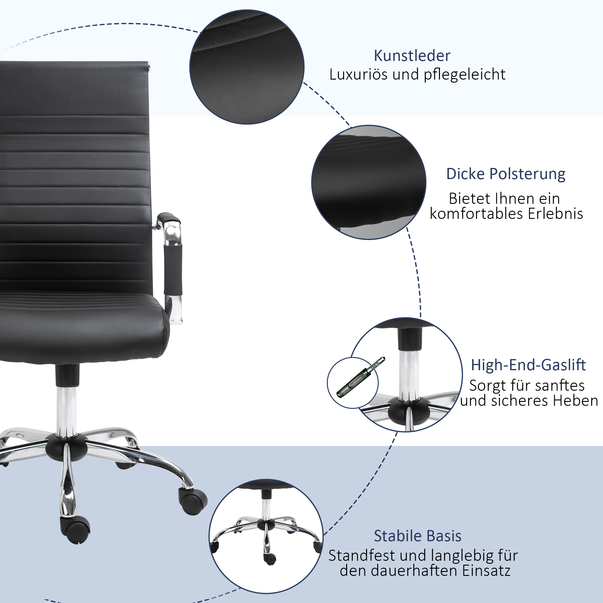 Bürostuhl ergonomischer Schreibtischstuhl mit Wippfunktion Chefsessel höhenverstellbarer Drehstuhl gepolstert Kunstleder Schaumstoff Schwarz 54 x 62 x 104-114 cm