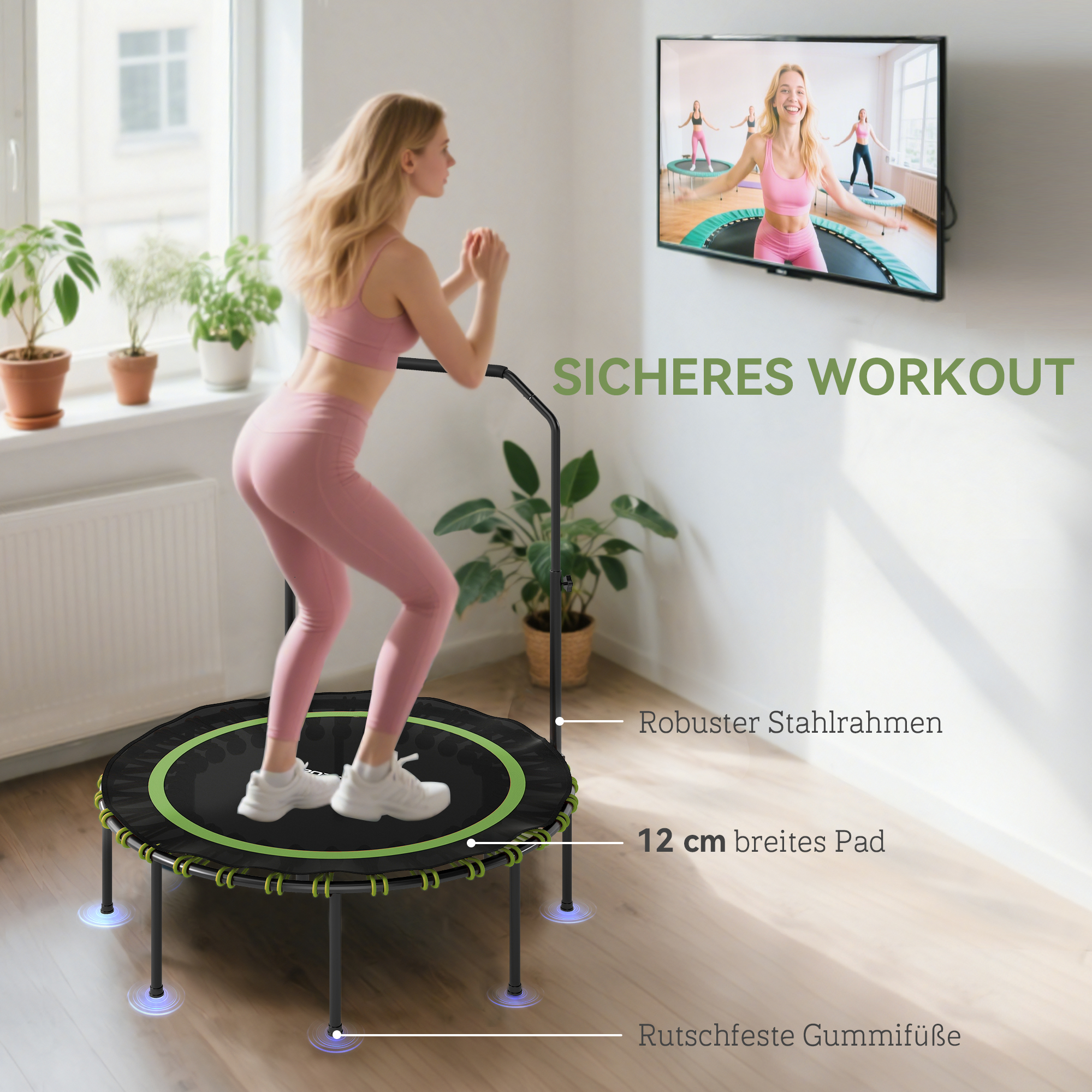 Fitness-Trampolin mit verstellbarem Handlauf, Sport-Trampolin für drinnen und draußen, Stahl, Kunststoff, Grün