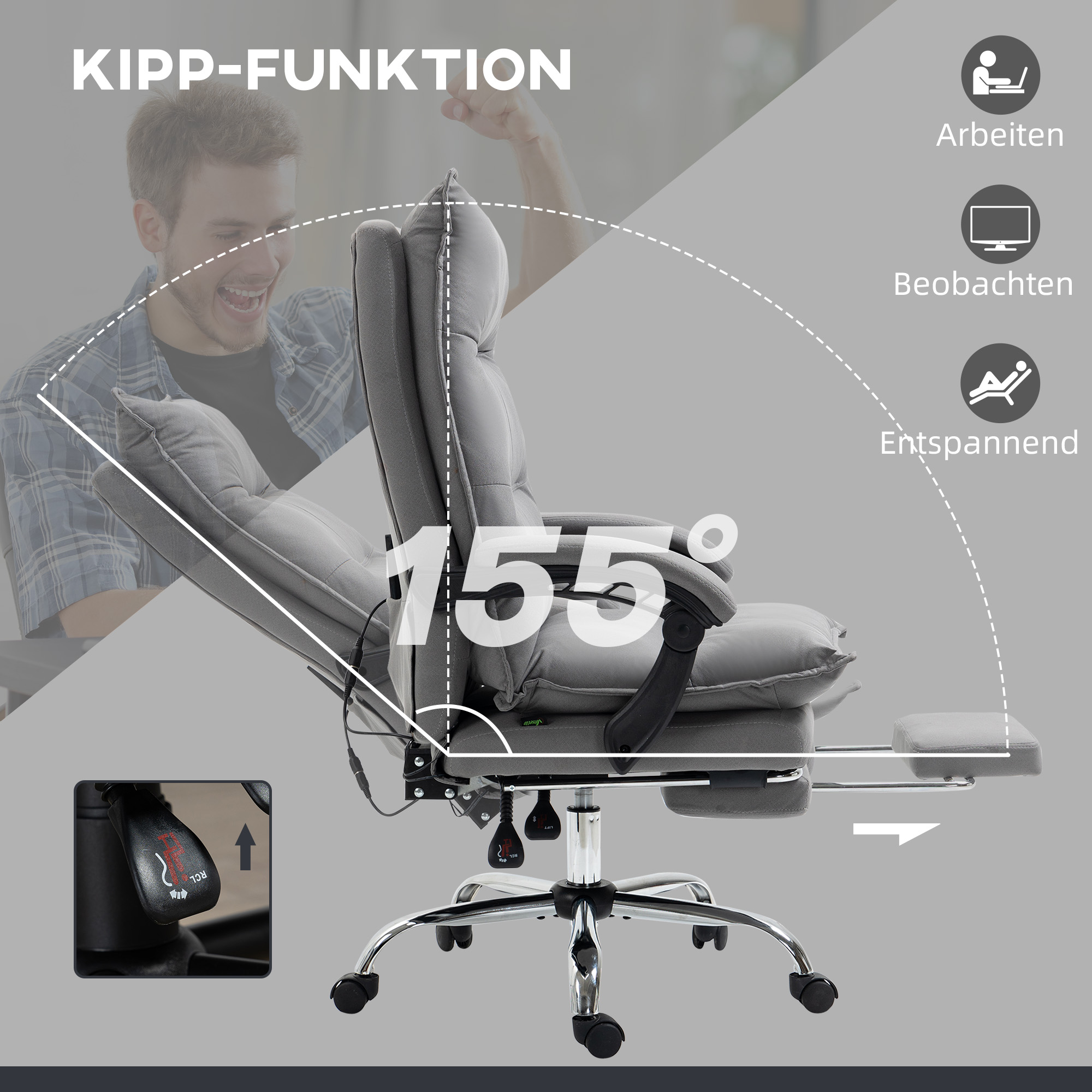 Bürostuhl mit Massagefunktion, Heizfunktion, Fernbedienung, ausfahrbare Fußstütze, neigbar, grau
