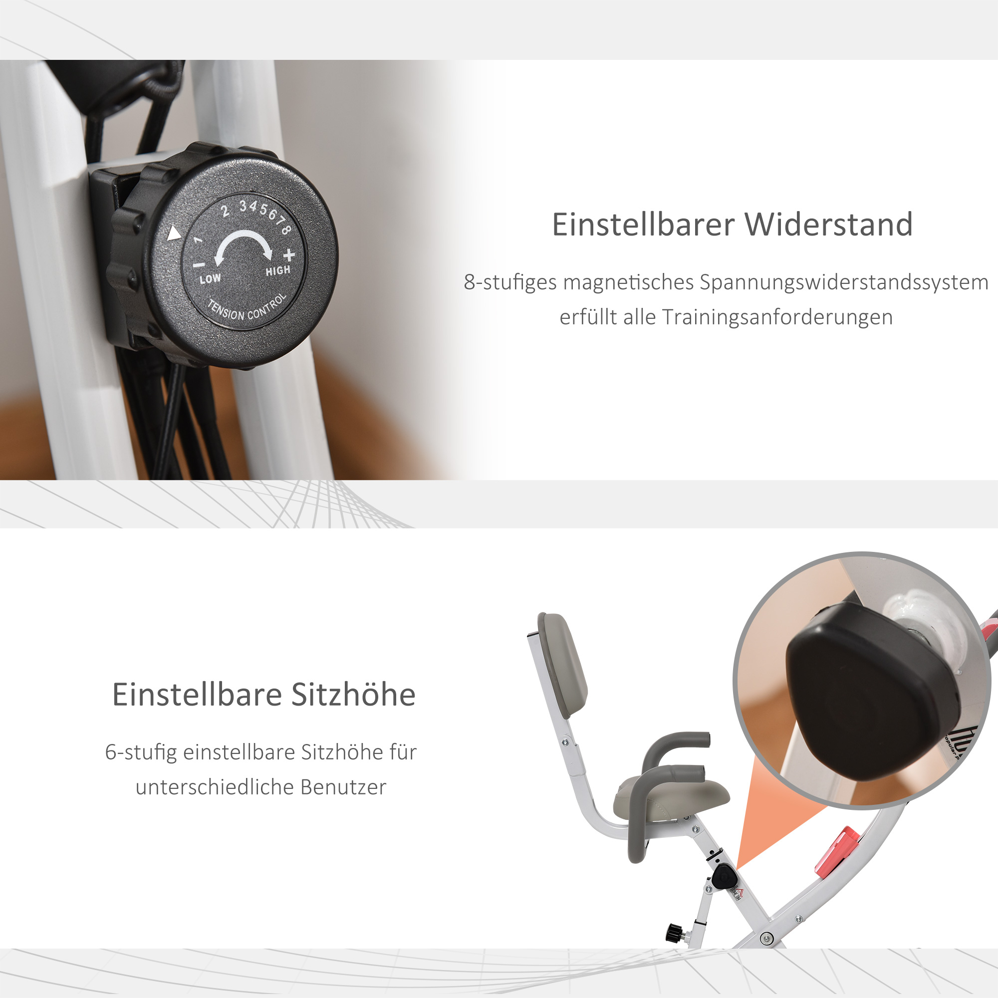 Heimtrainer 2-in-1 Fahrradtrainer mit LCD-Display Pulsmesser verstellbar Sitz Räder, klappbarer Hometrainer Trimmrad mit 8 stufig Magnetwiderstand, Spannseil, Stahl