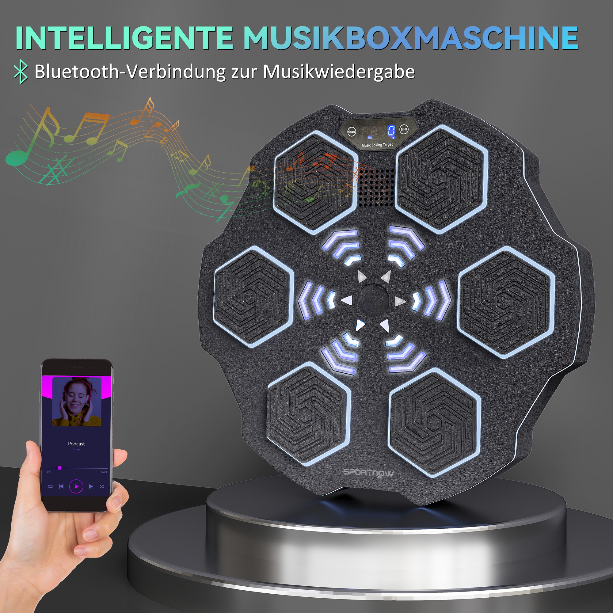 Musikboxmaschine, Bluetooth-Boxgerät, Wandmontage, 9 Geschwindigkeiten und Modi, LED-Lichter, Schwarz