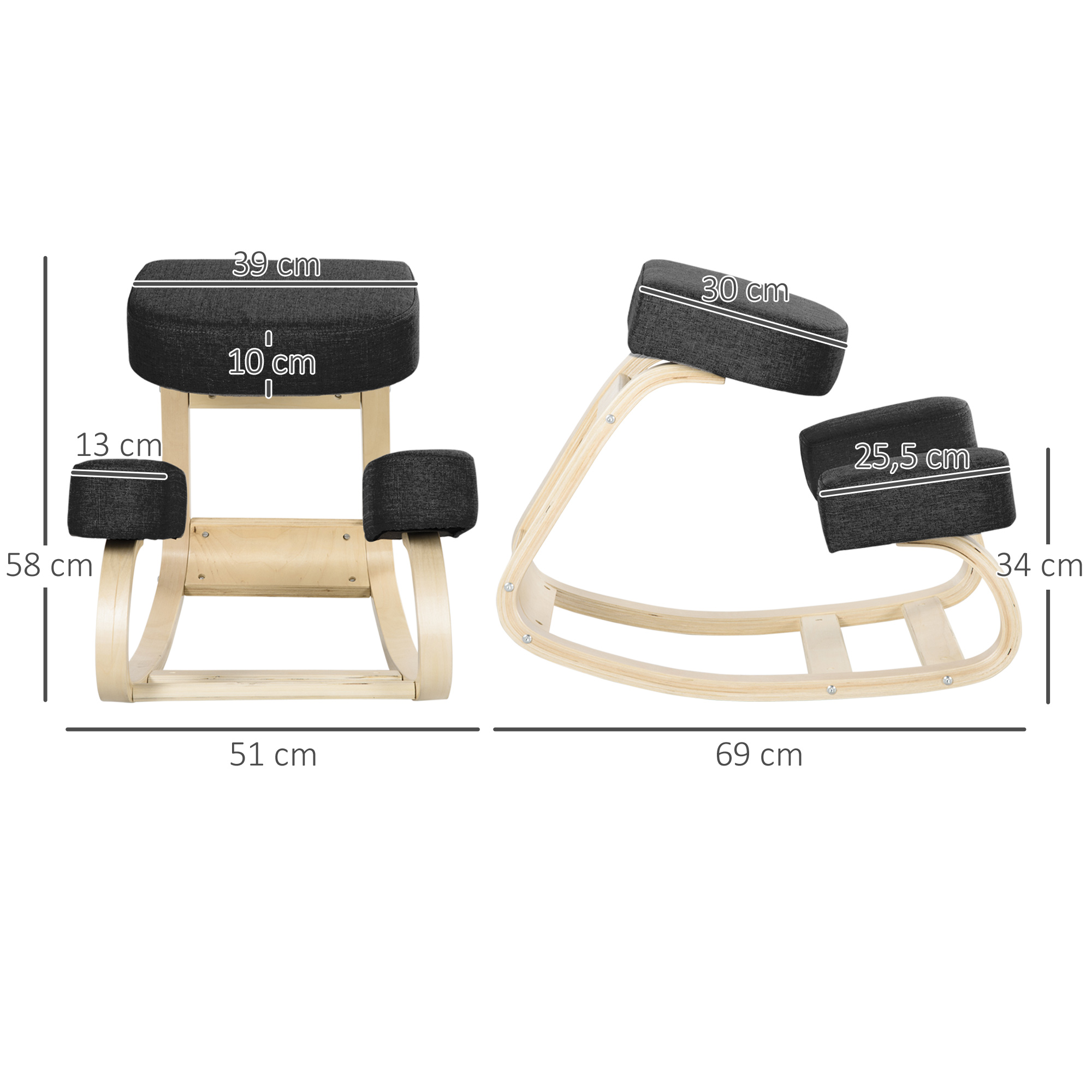 Kniestuhl, ergonomischer Sitzhocker, Polsterhocker für gesunde Sitzhaltung, Birkenholz, 120 kg belastbar, Schwarz