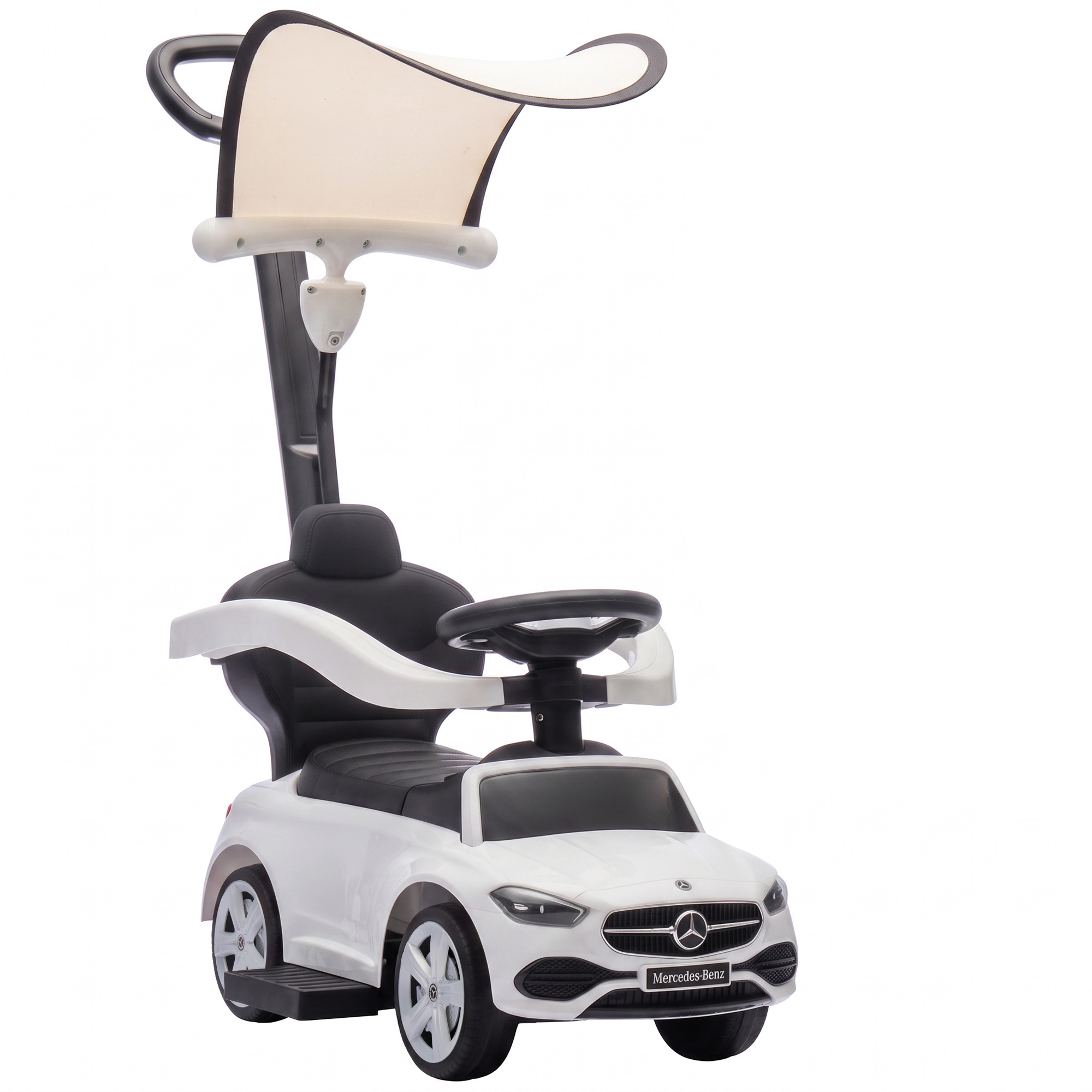 3-in-1 Rutschauto mit Schiebstange Mercedes-Benz Rutschfahrzeug mit Lenkrad Hupe Musik Dach Sitzstauraum Weiß