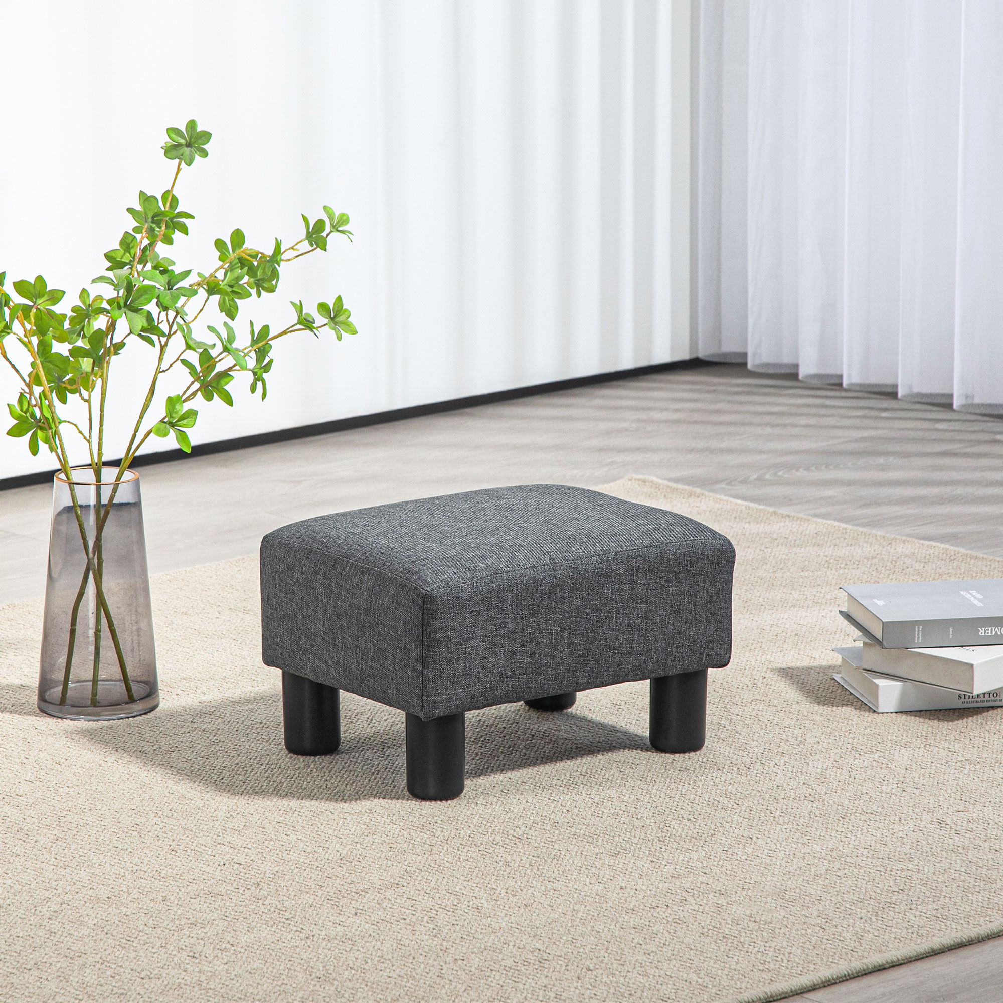 Fußhocker, Sitzhocker mit leinenartigem Stoffbezug, Schaumstoff-Füllung, Kunststoffbeine, für verschiedene Räume, Grau