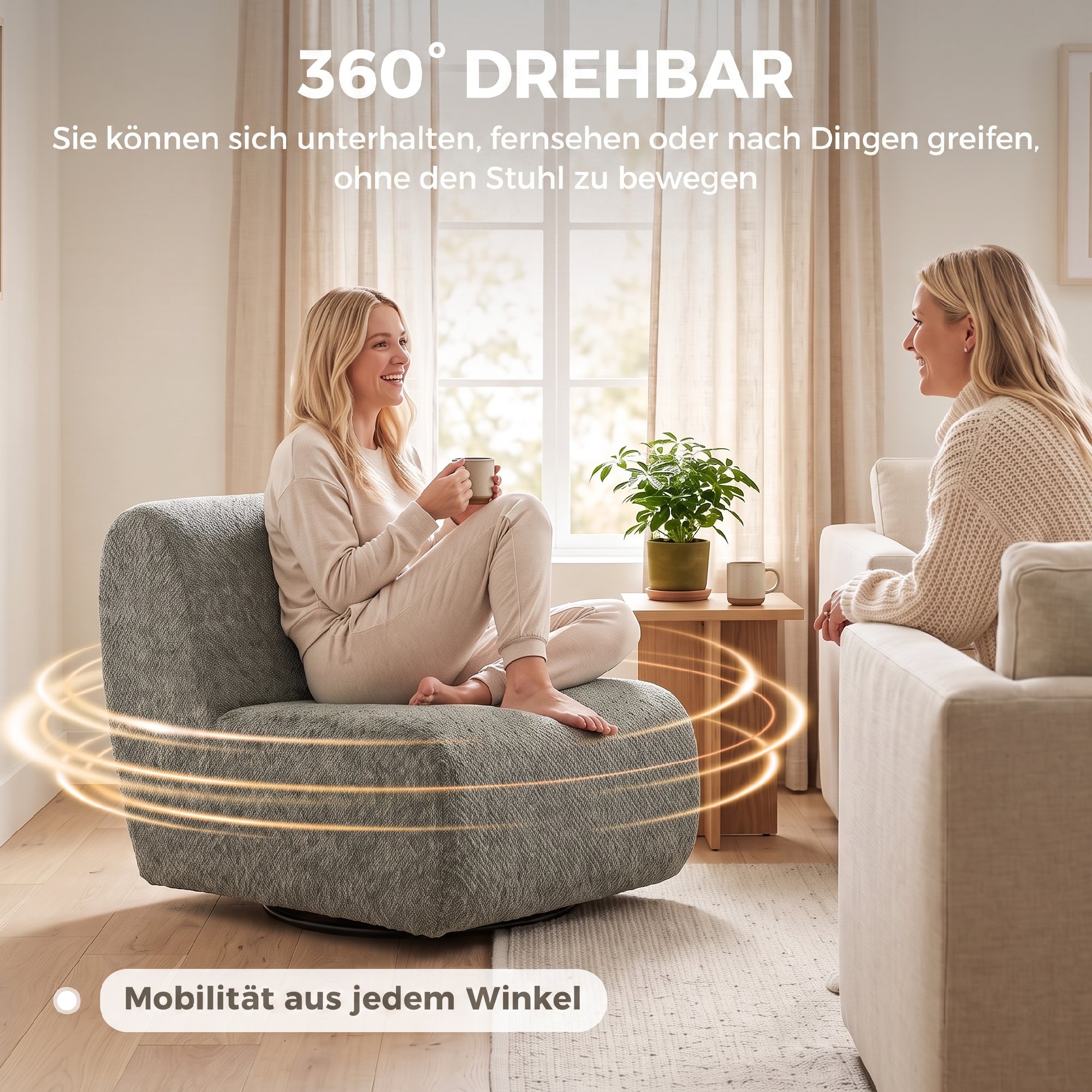 Sessel Drehbarer Loungesessel mit Chenille-Optik, Breiter Sitzfläche, für Wohnzimmer, Schlafzimmer, Grau